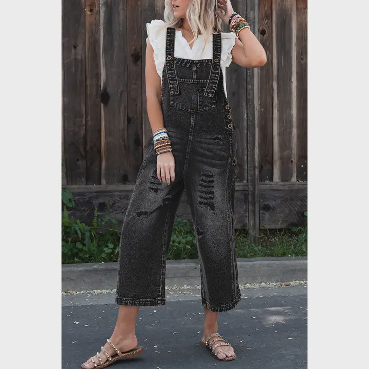 Ldc Distressed Bib Pocket Wide Leg Denim Overall