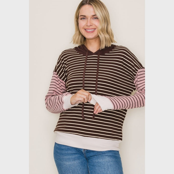 Staccato Brown & Mauve Color Blocked Stripe Hoodie