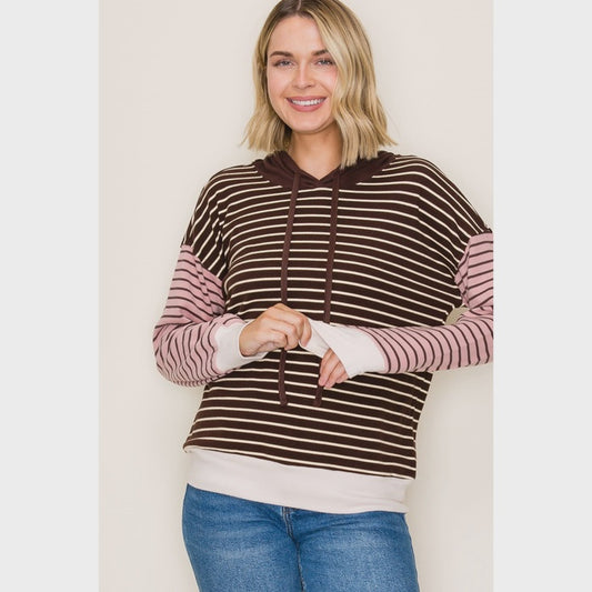Staccato Brown & Mauve Color Blocked Stripe Hoodie