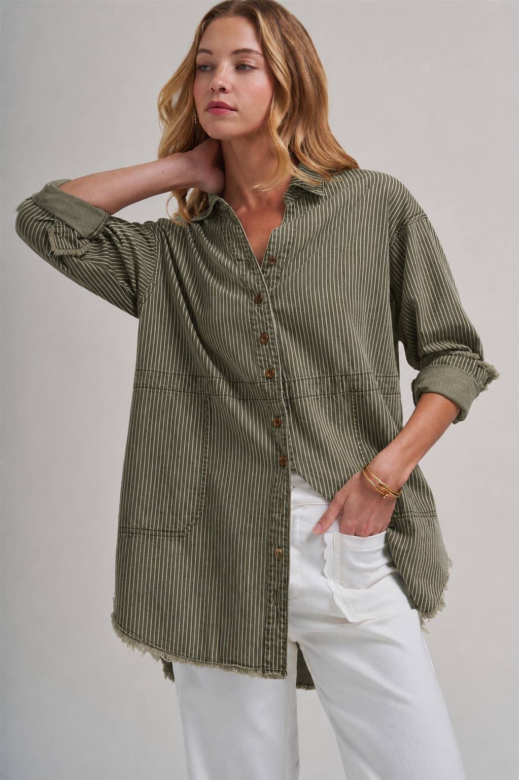 BON Olive Oatmeal Pinstripe Shirt