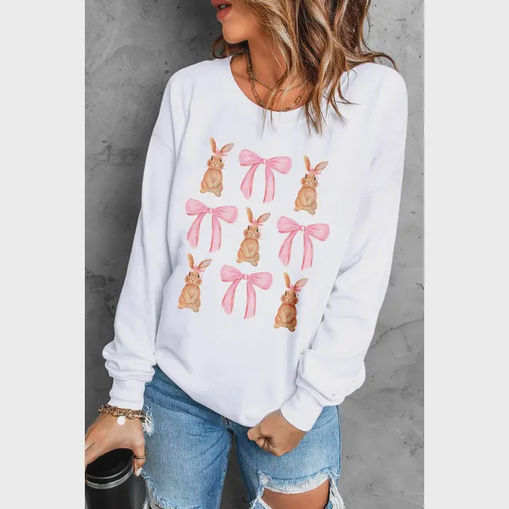 Ldc Easter Bunny Bow Print Round Neck Pullover Sweatshirt
