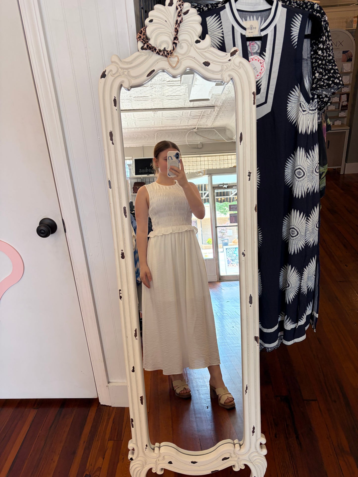 Entro Off White Smocked Bodice Sleeveless Midi Dress