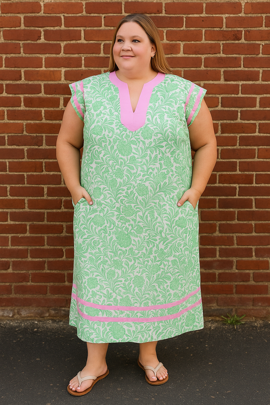 PLUS Green Floral Dress with Pink Details Entro