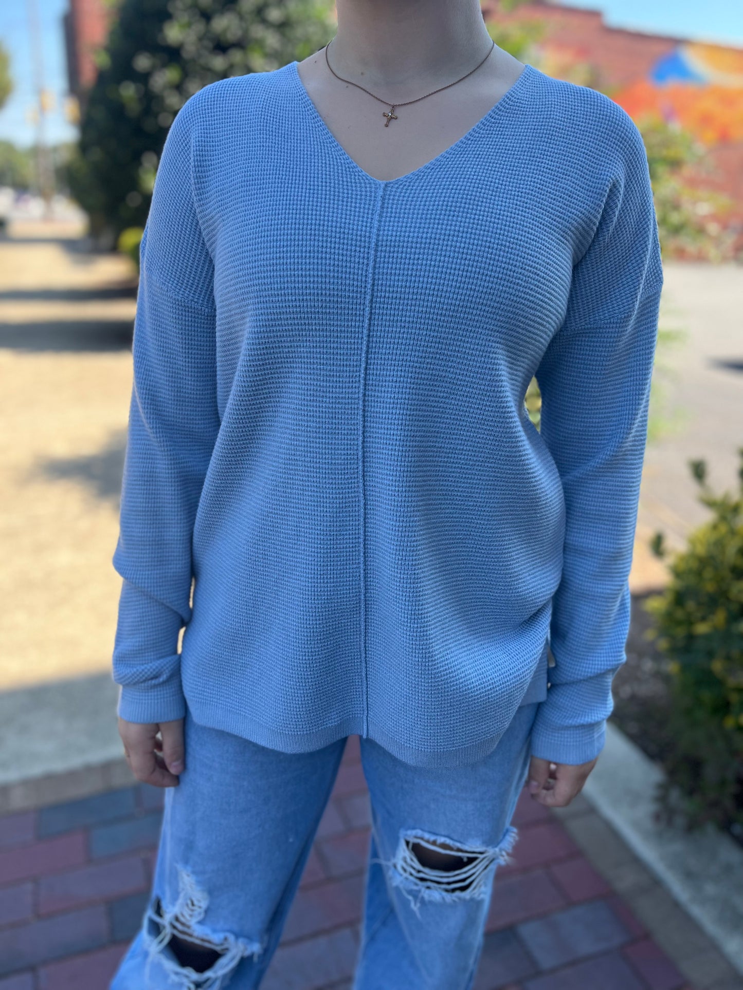 Staccato Light Blue Mini Waffle V-Neck Pullover Sweater