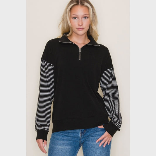 Staccato Black & White Half Zip Color Block Brushed Top