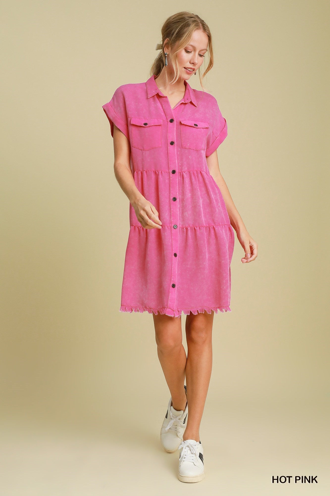 Umgee Pink Snow Washed Button Up Dress
