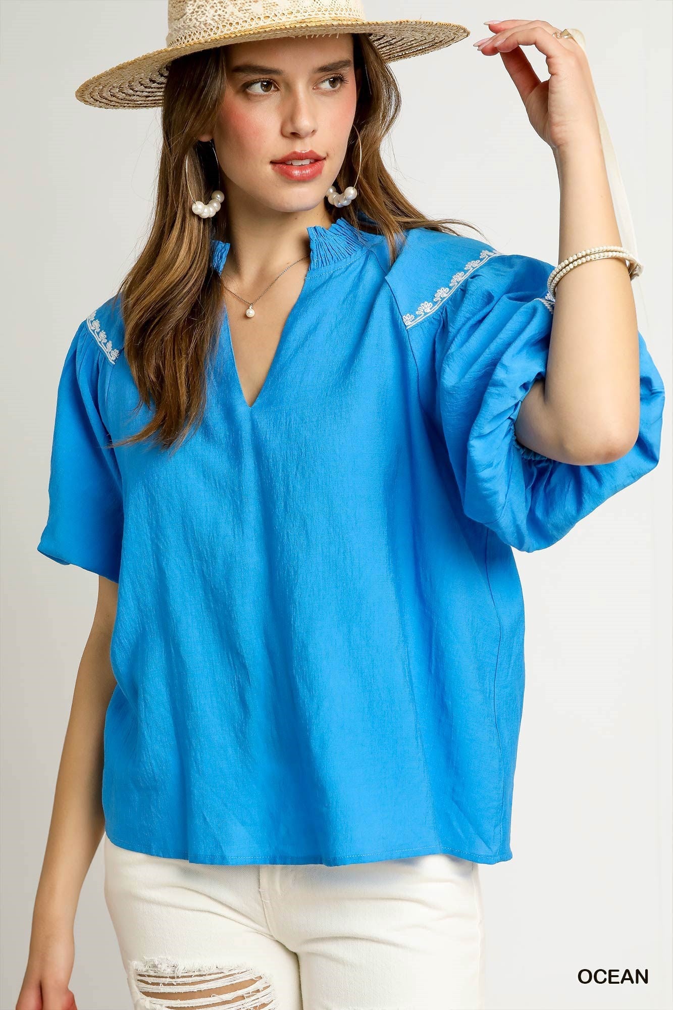 Umgee Boho Chic Embroidered Blouse - Ocean Blue