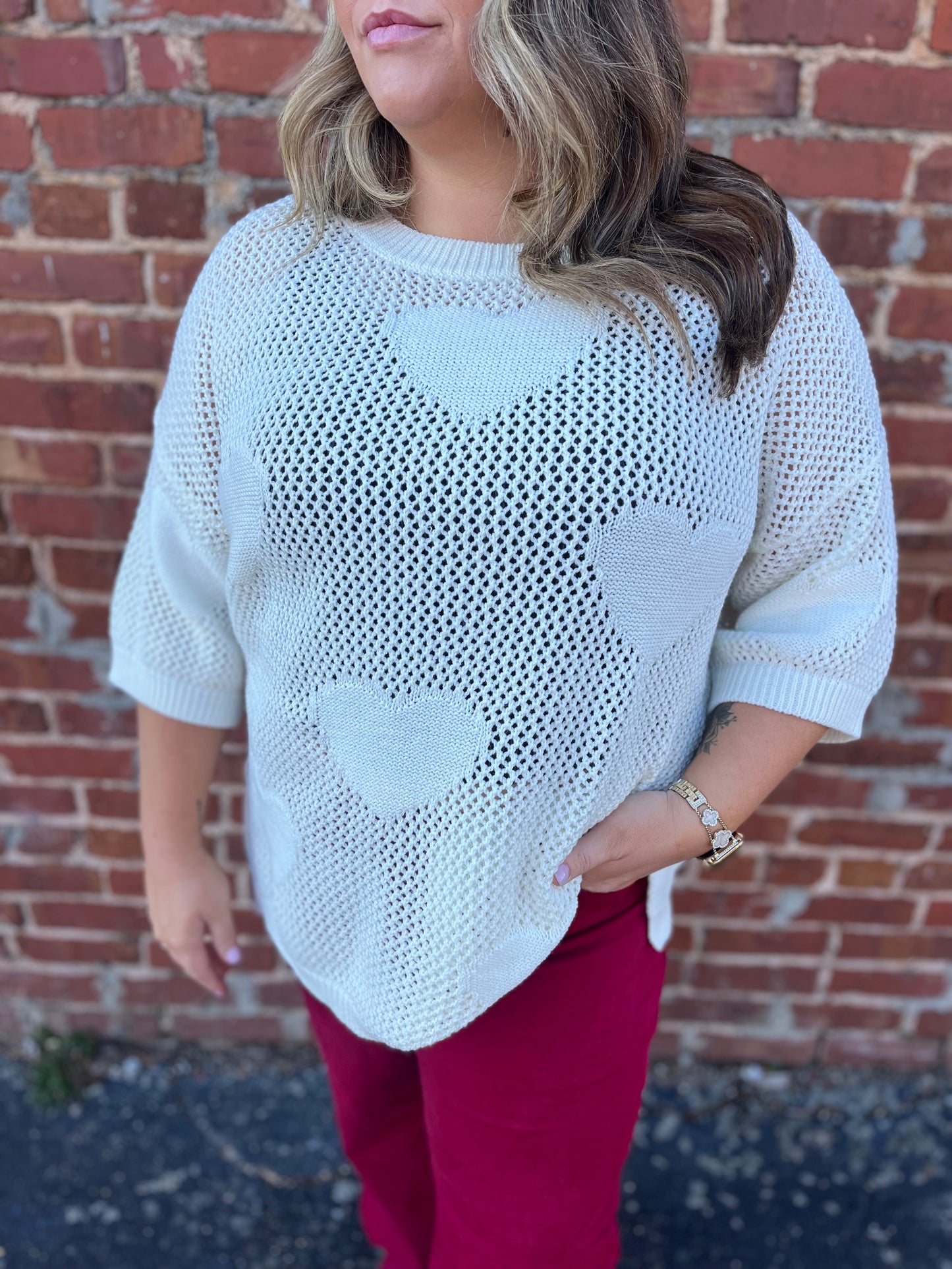 PLUS Round Neck Crochet Heart Sweater