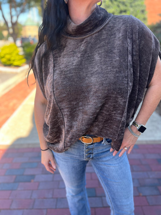 Umgee Soft Knit Mock Neck Pullover Poncho Top