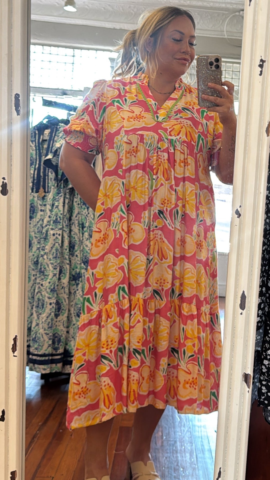 PLUS Umgee Floral Print Tiered Midi Dress – Pink & Orange Puff Sleeve