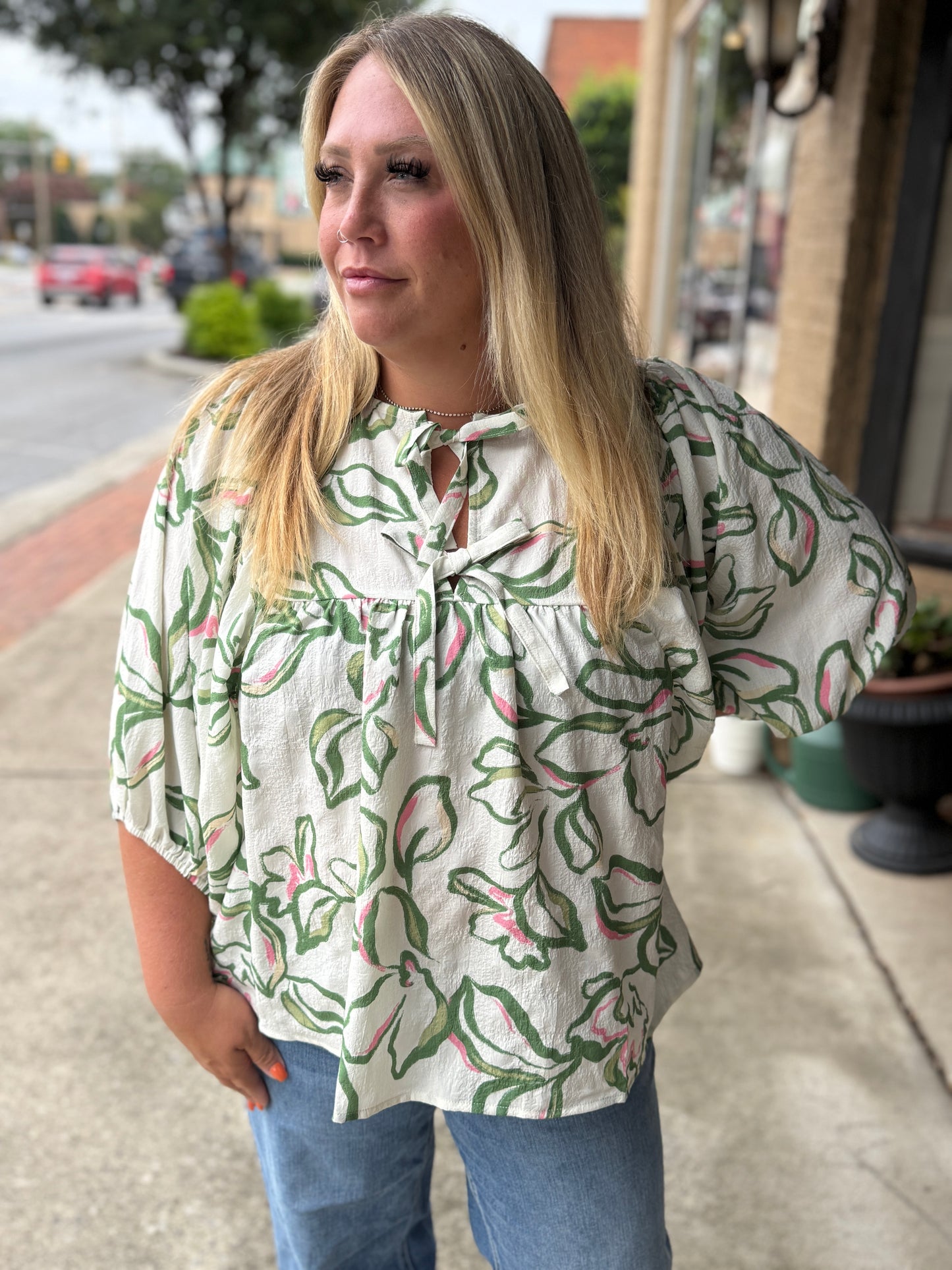 PLUS Textured Floral Blouse with Front Tie- Pink/Green Print