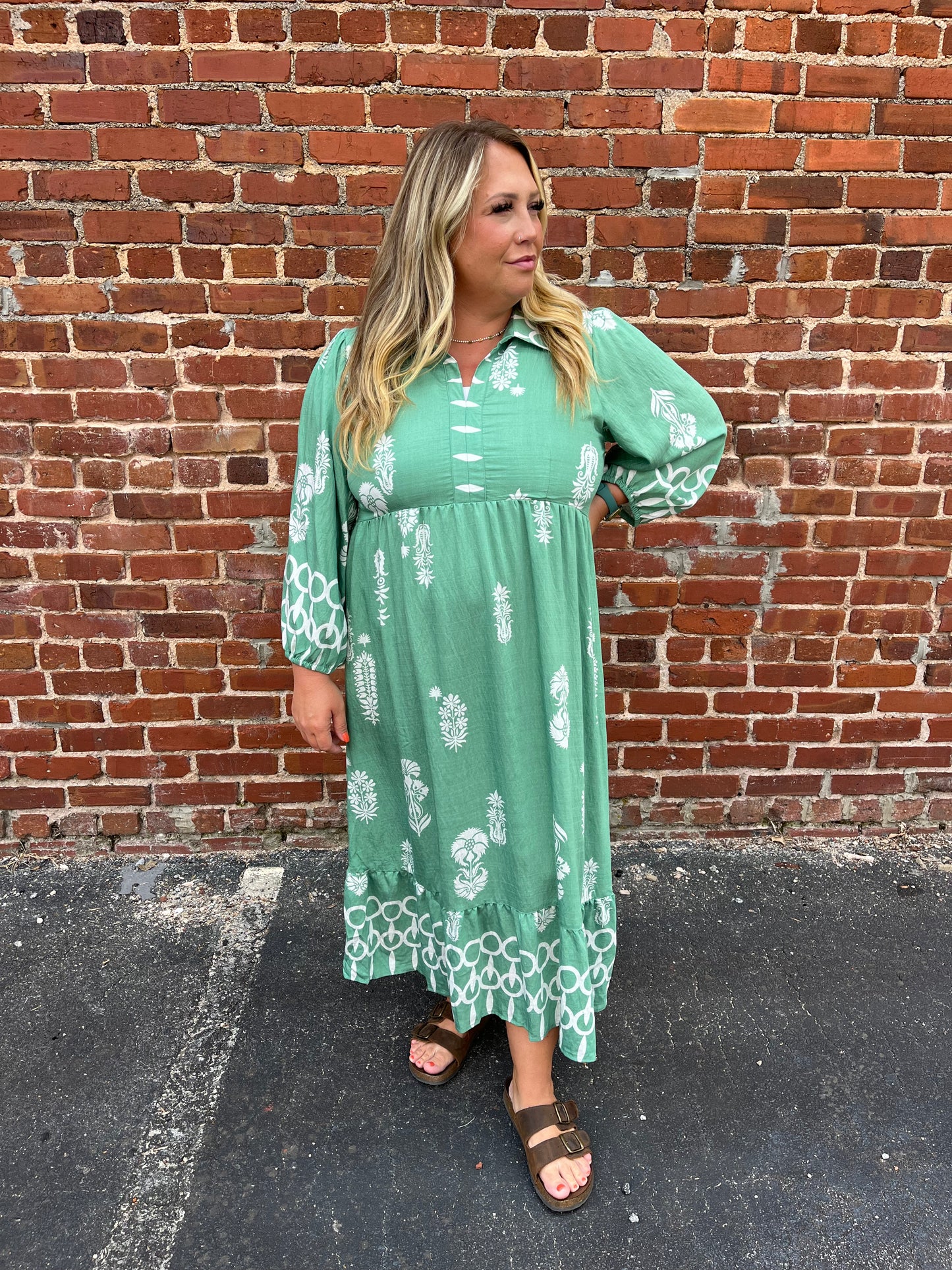 Plus Umgee Sage Boho Print Puff Sleeve Midi Dress
