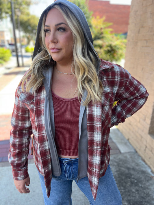 Staccato Plaid Hoodie Zip-Up Shacket