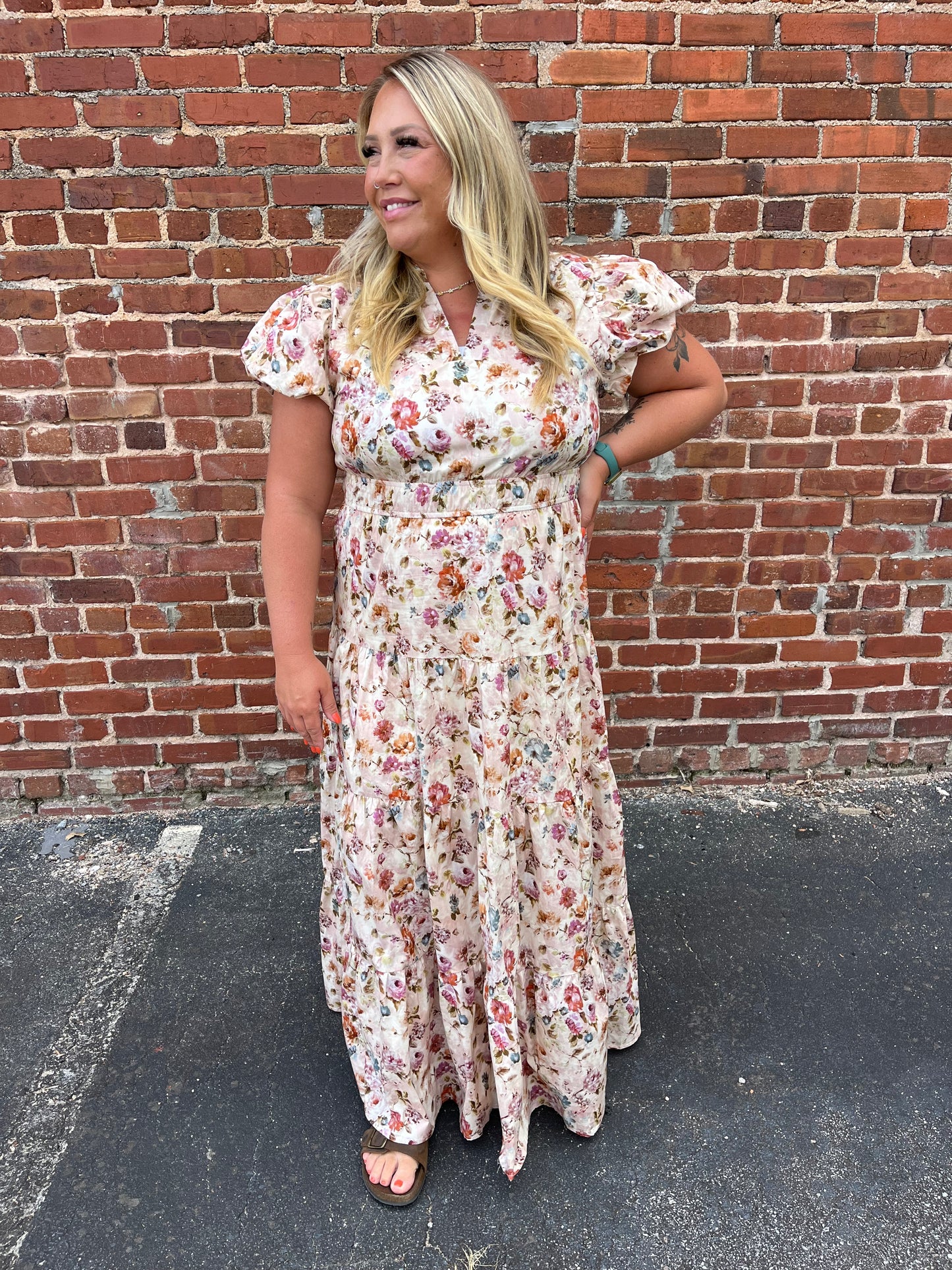 PLUS Entro Floral Print Puff Sleeve Tiered Midi Dress