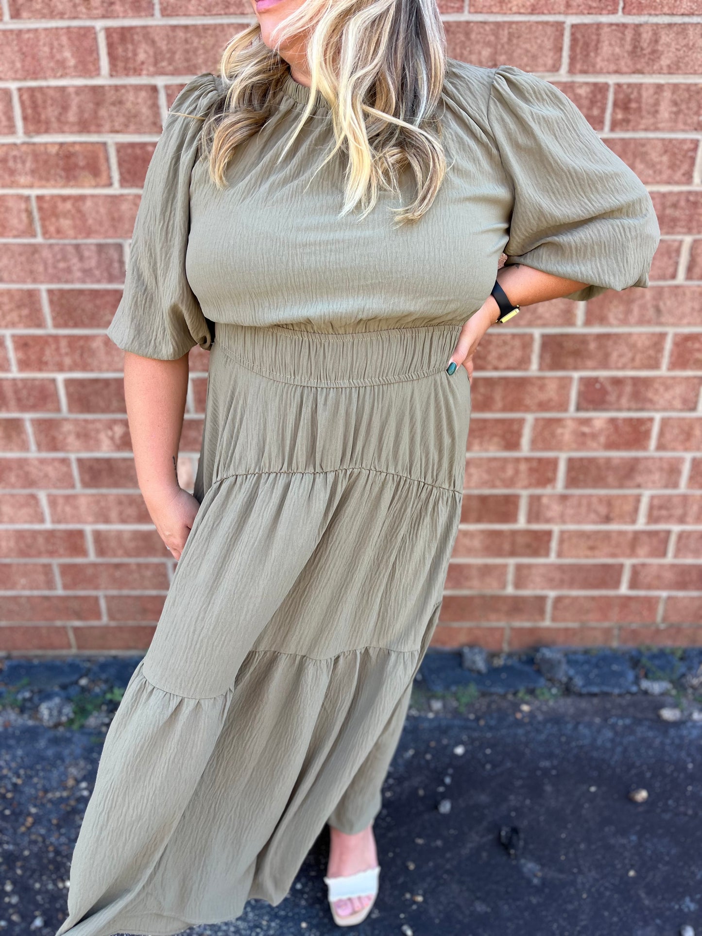 PLUS Dusty Sage Solid Woven Tiered Maxi Dress