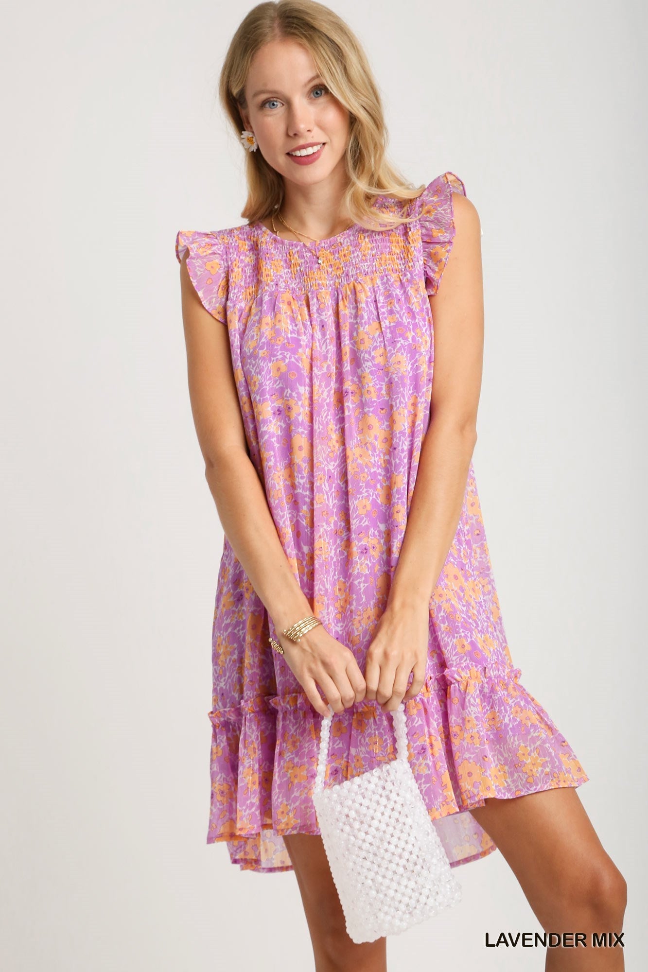 Umgee Lavender/Orange Floral Flutter Sleeve Dress