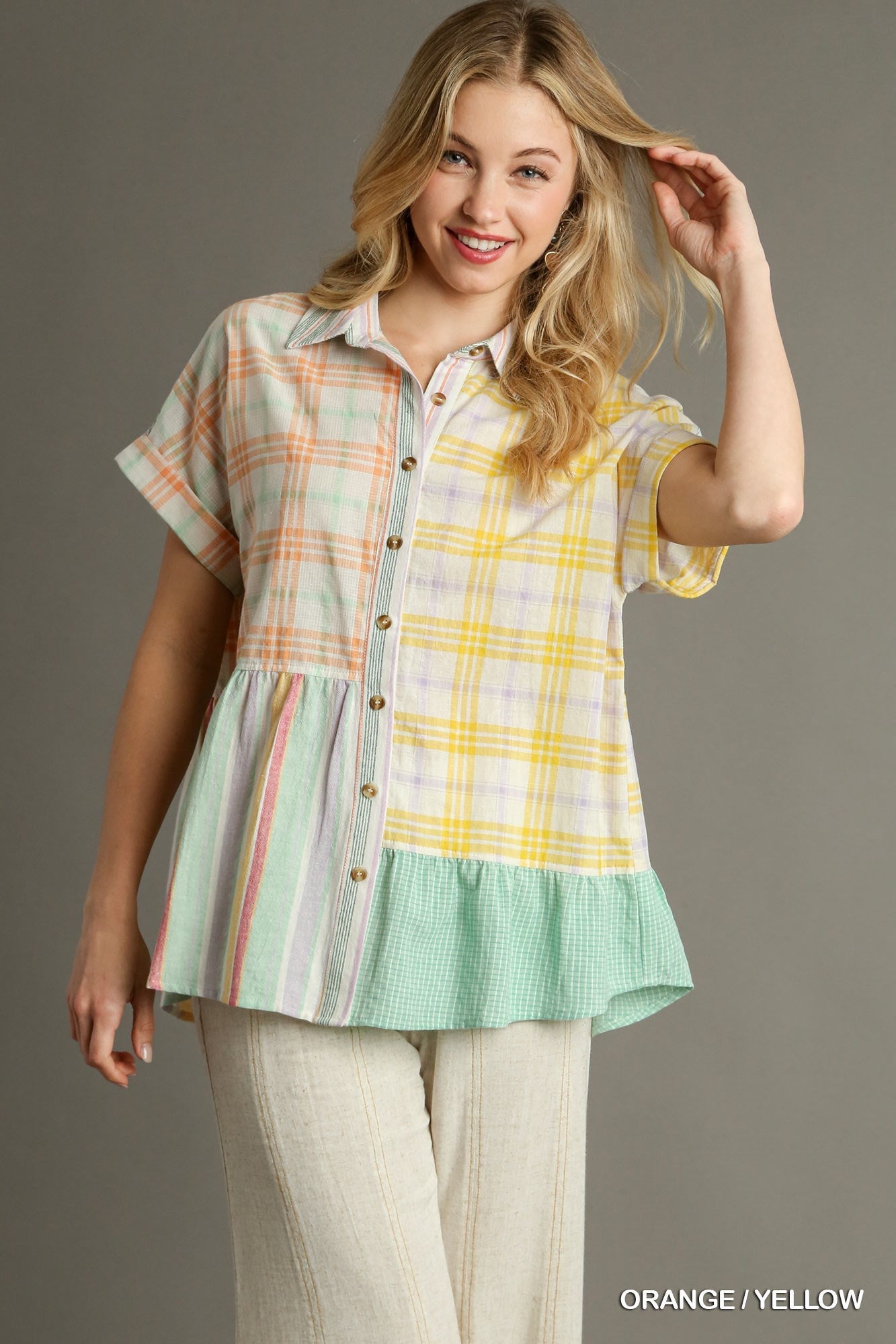 Umgee Plaid & Striped Mix Button Up Collared Shirt