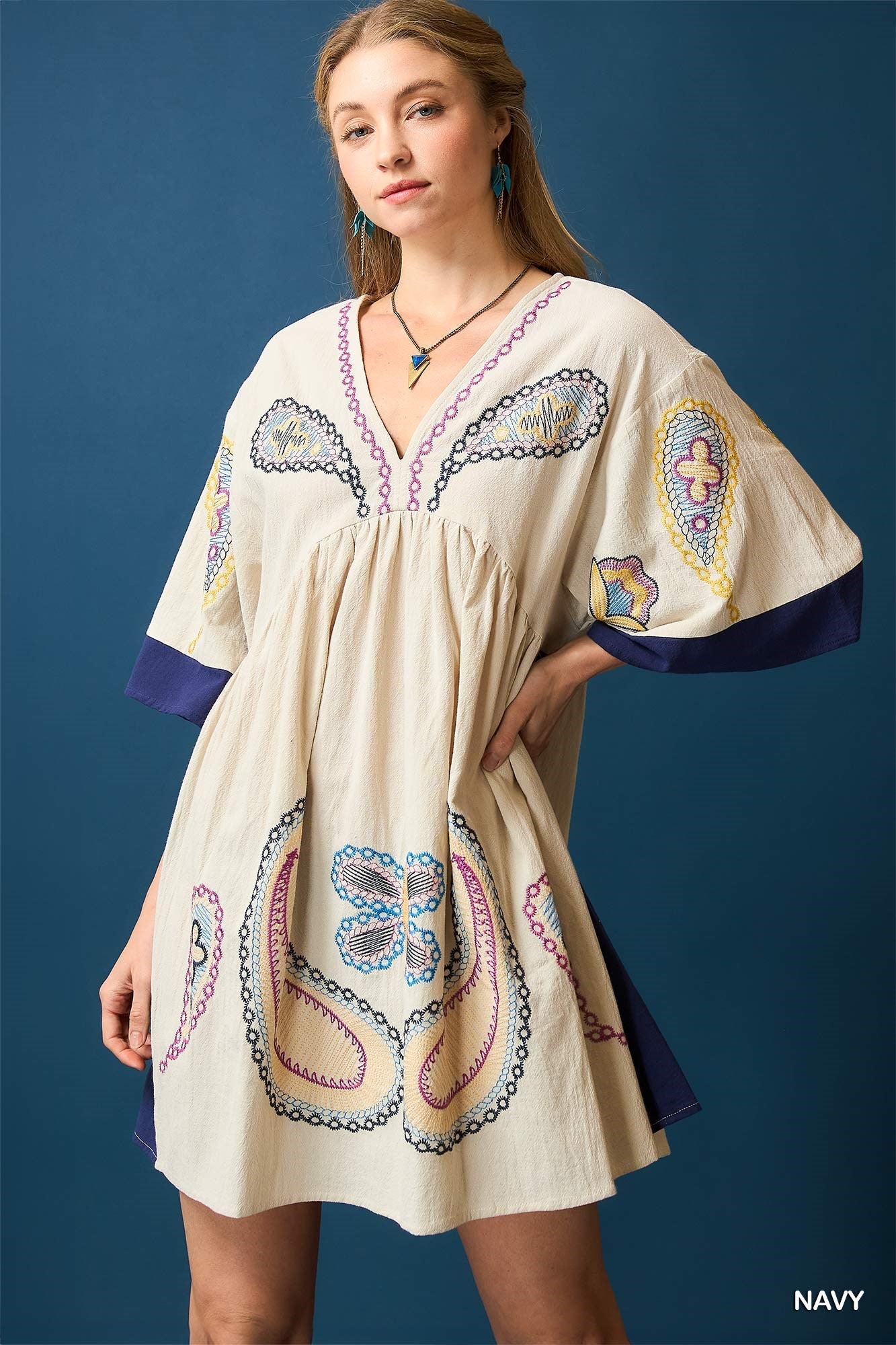 Umgee Navy Mix Boho Embroidered Dress