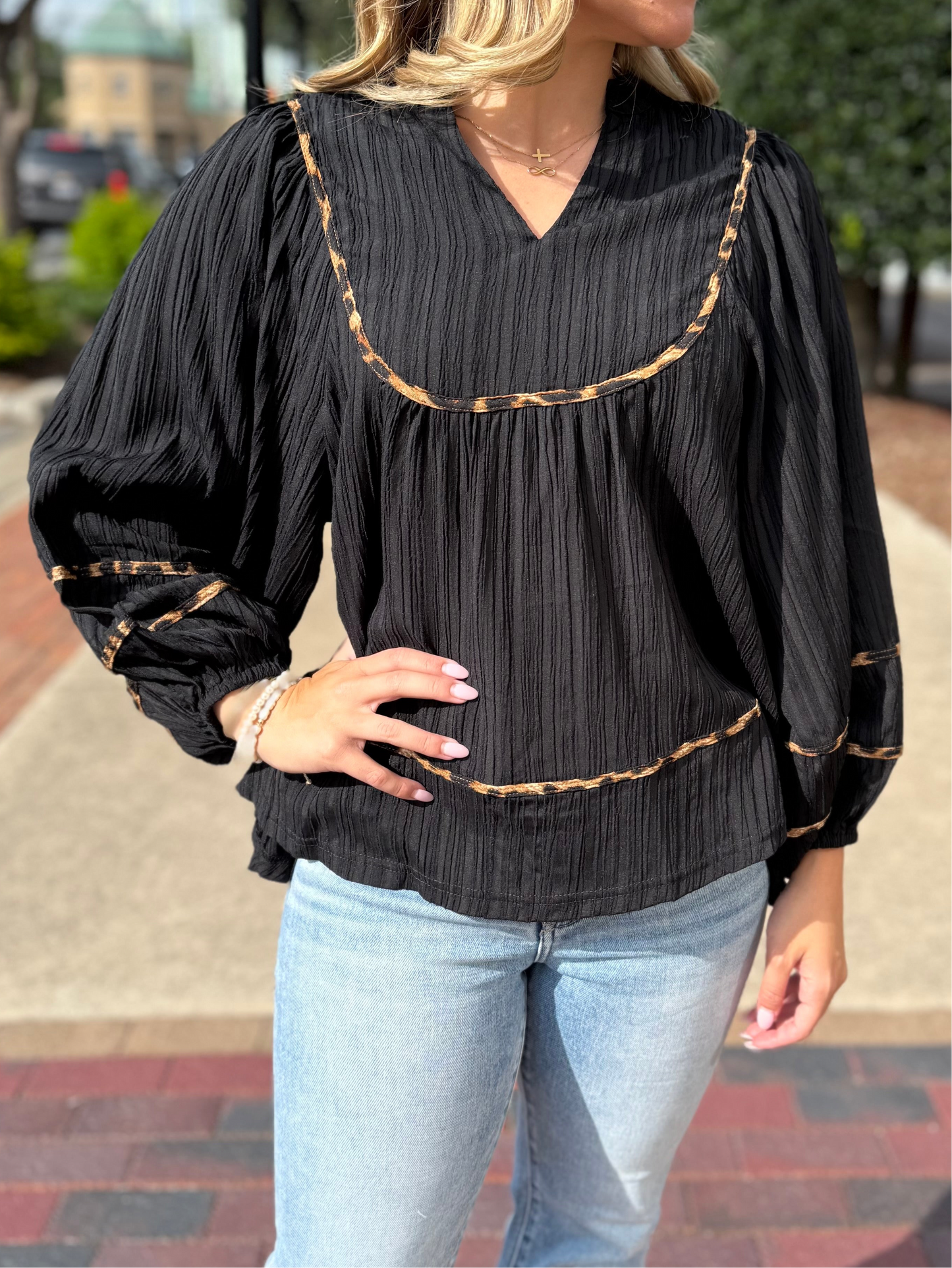 Umgee Animal Trim Textured Blouse