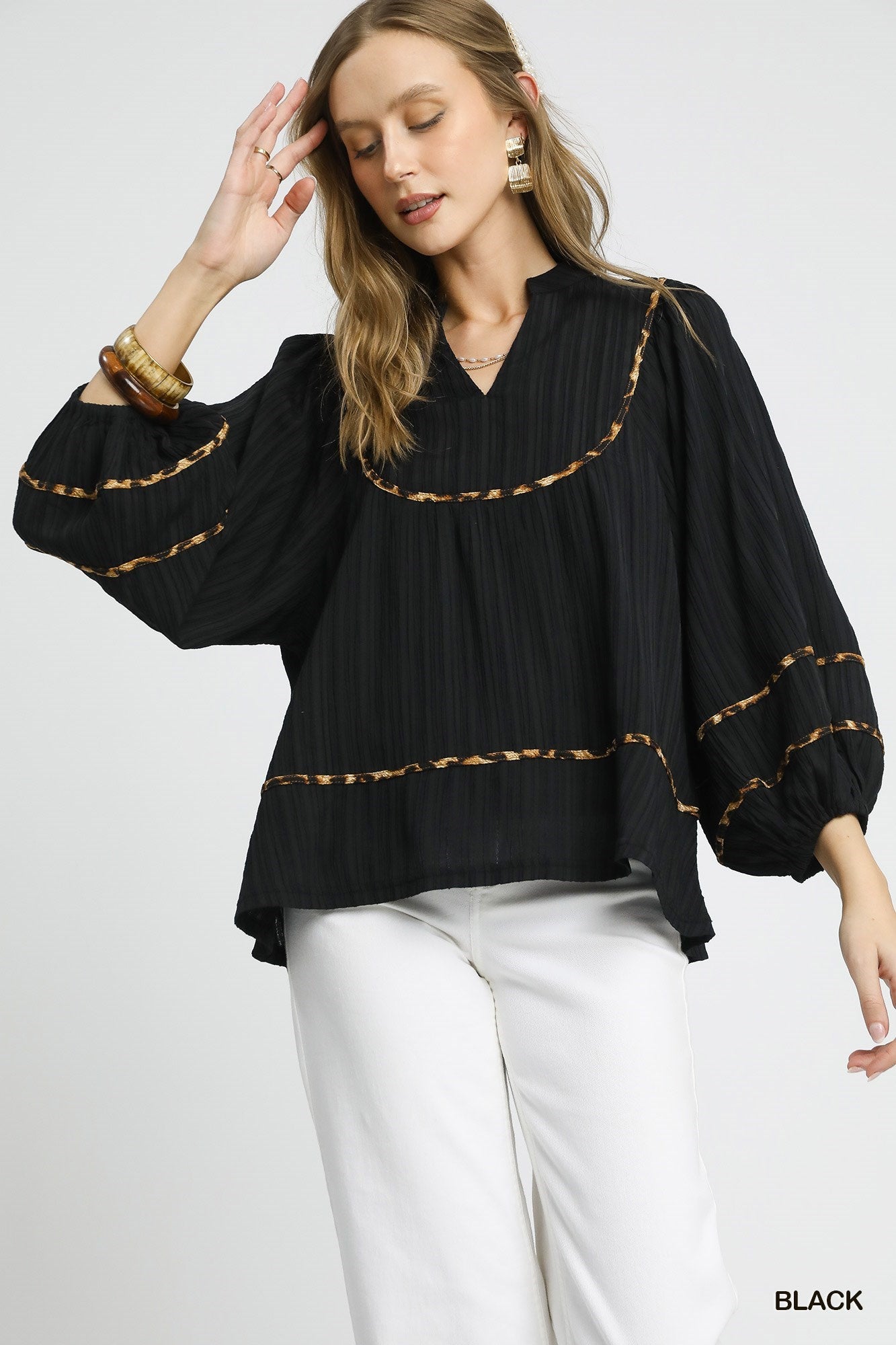 Umgee Animal Trim Textured Blouse