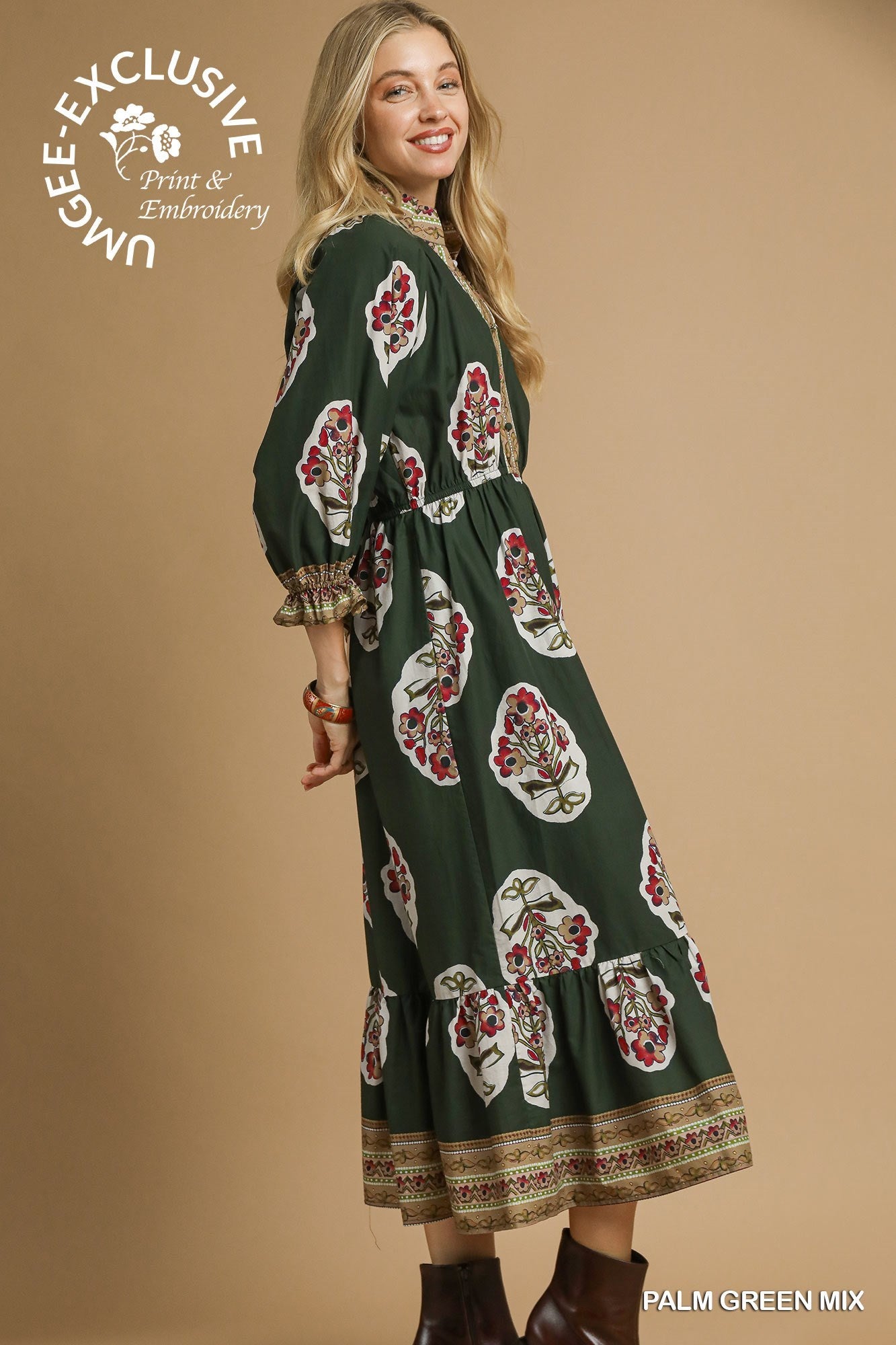 Umgee Flower Patch Border Copyright Print V-Neck Midi Dress