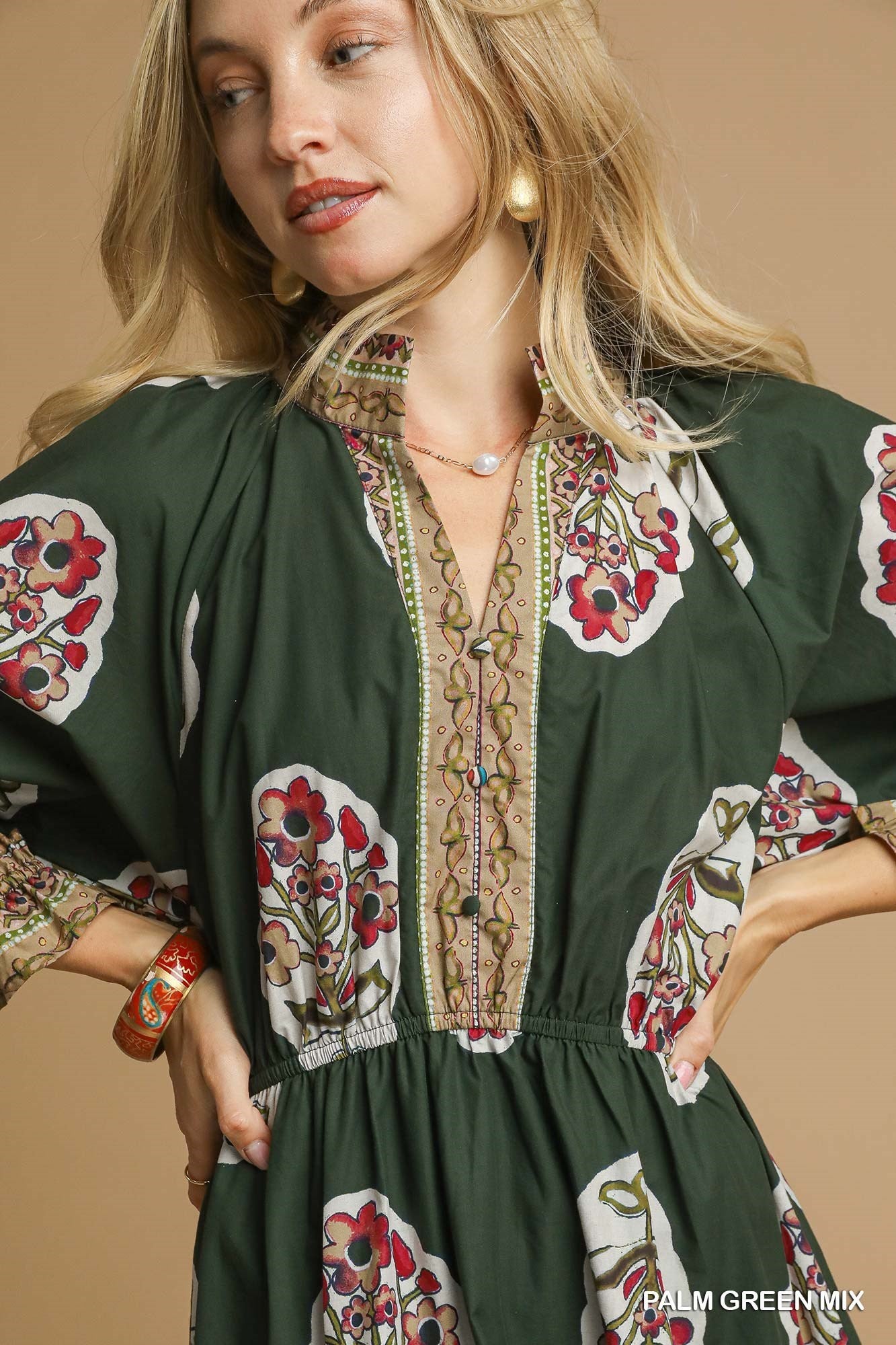 Umgee Flower Patch Border Copyright Print V-Neck Midi Dress
