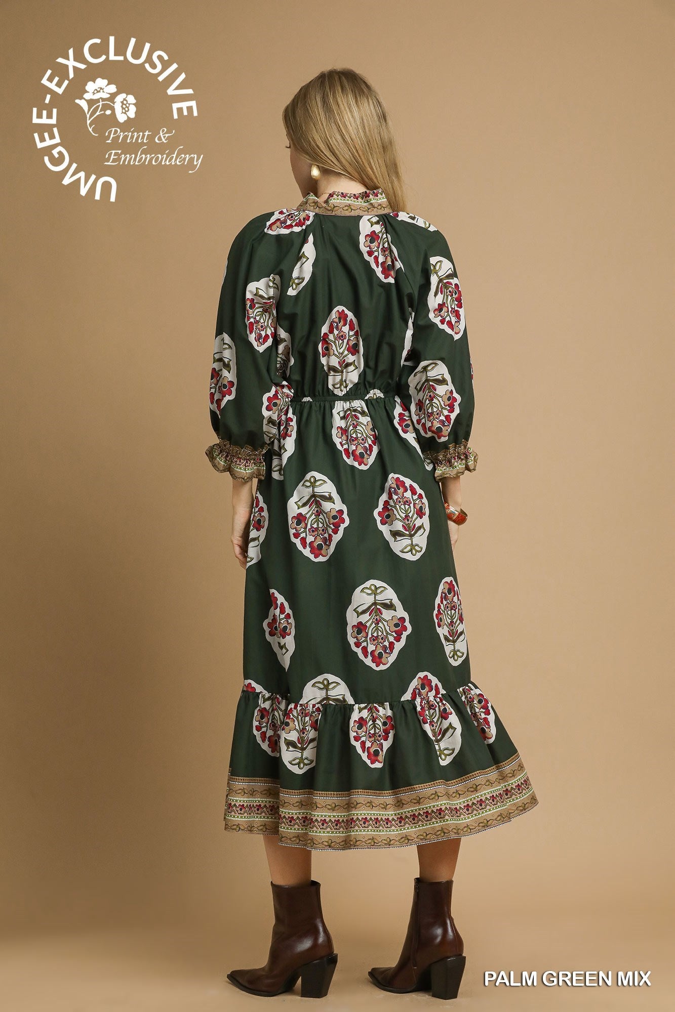 Umgee Flower Patch Border Copyright Print V-Neck Midi Dress