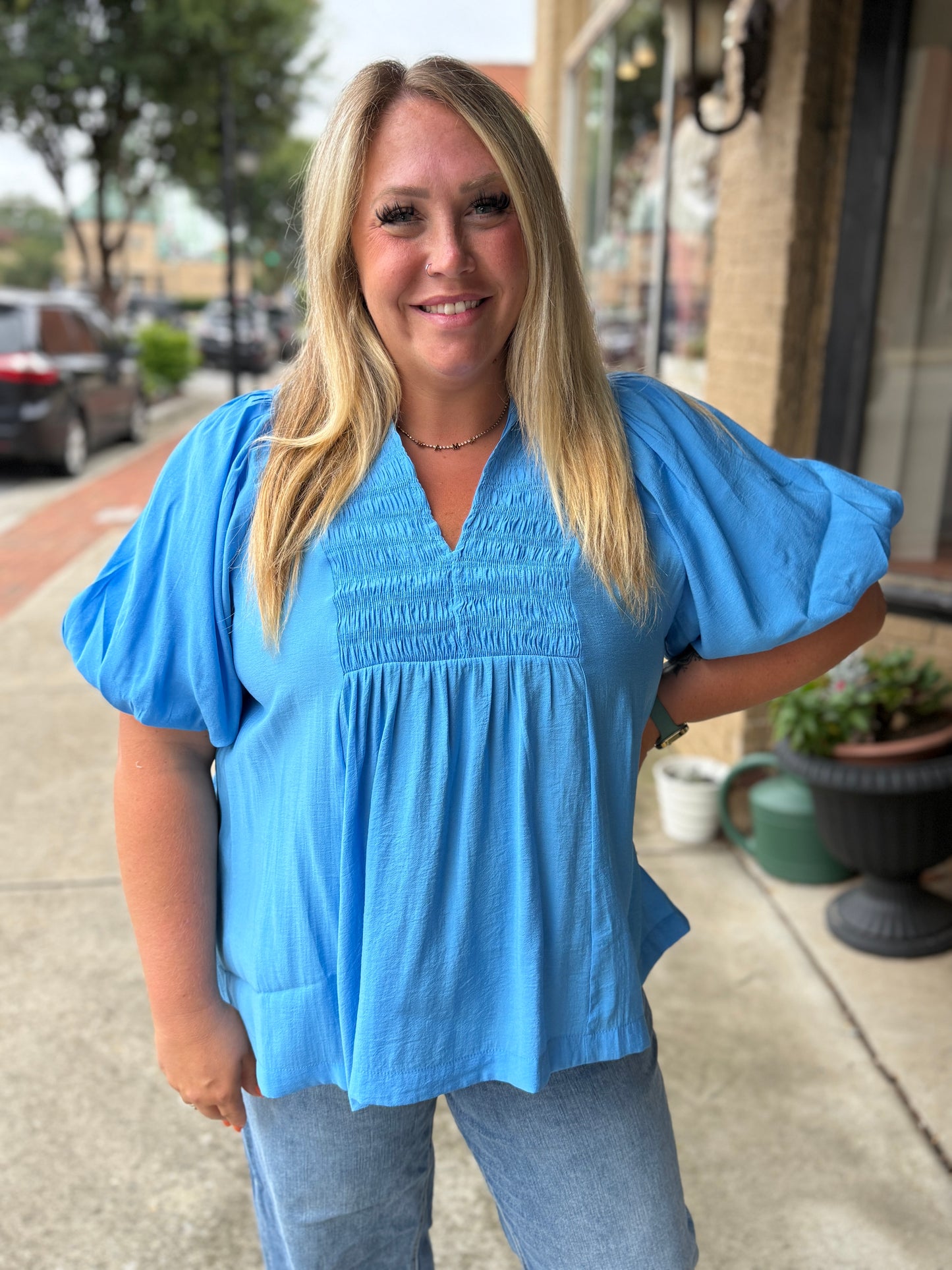 PLUS Umgee Exaggerated Bubble Sleeve Smocked Yoke Top