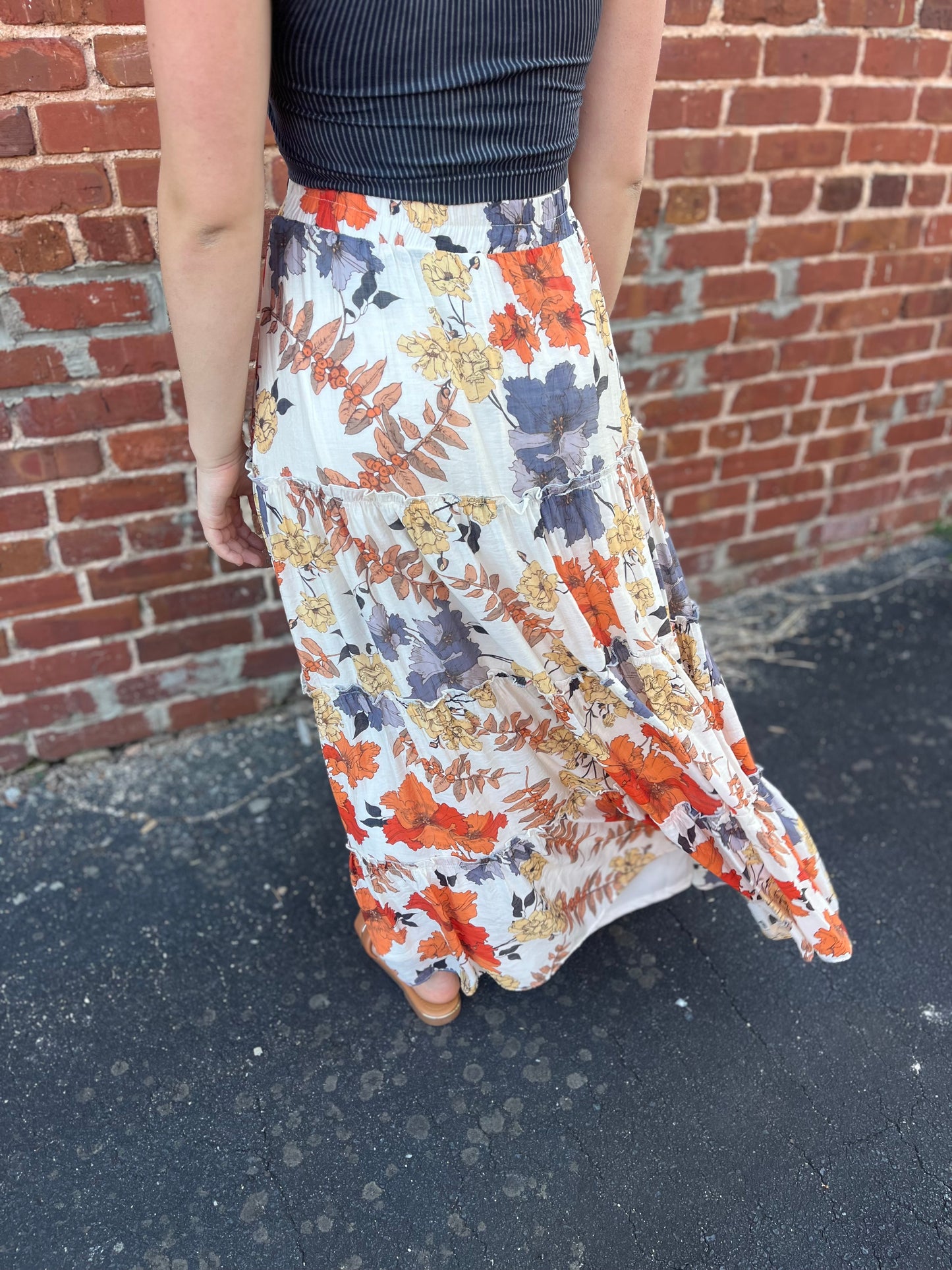 Textured Floral Merrowed Tiered Maxi Skirt with Elastic Waist