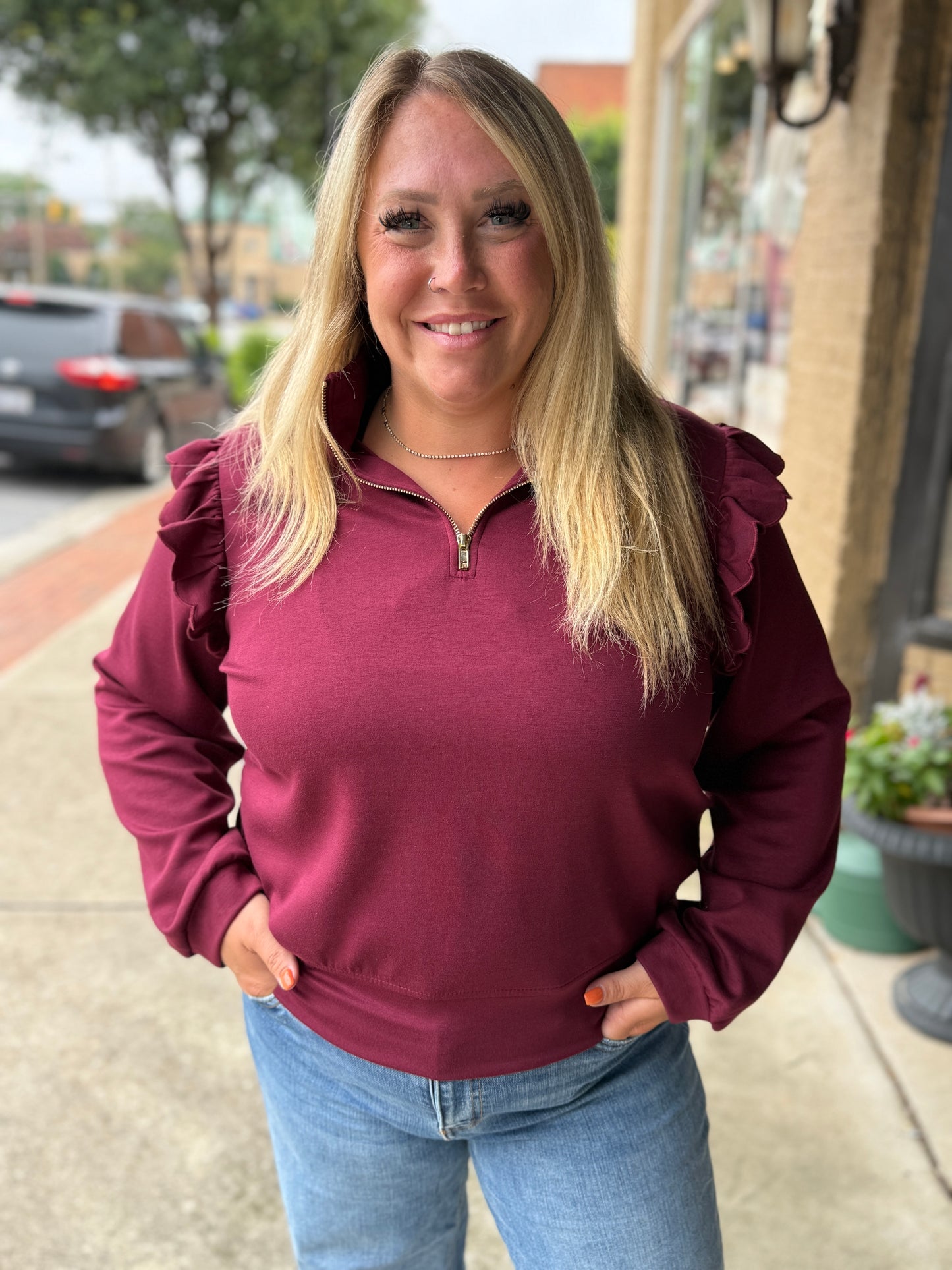 PLUS Umgee Luxeknit Ruffle Shoulder Quarter-Zip Pullover