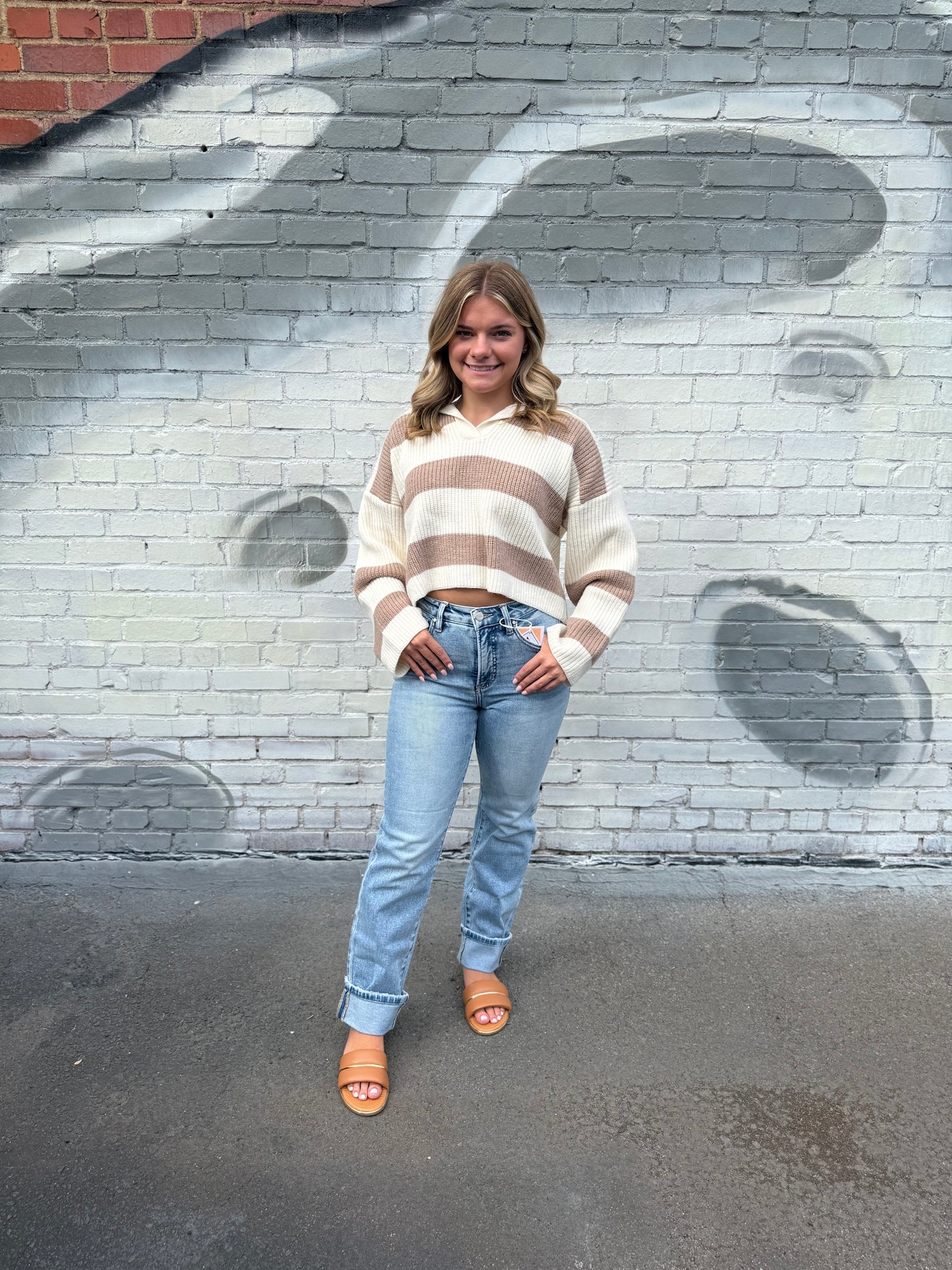 Stripe Drop Shoulder with Wide Collar Sweater