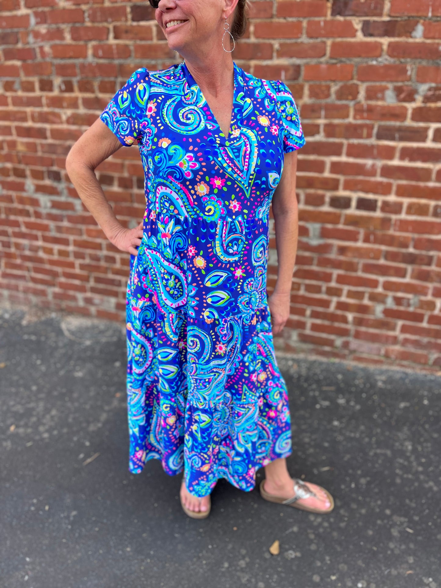 Gloria Navy Mix Short Sleeve Tiered Maxi Dress - www.shoppesonmainconover.com