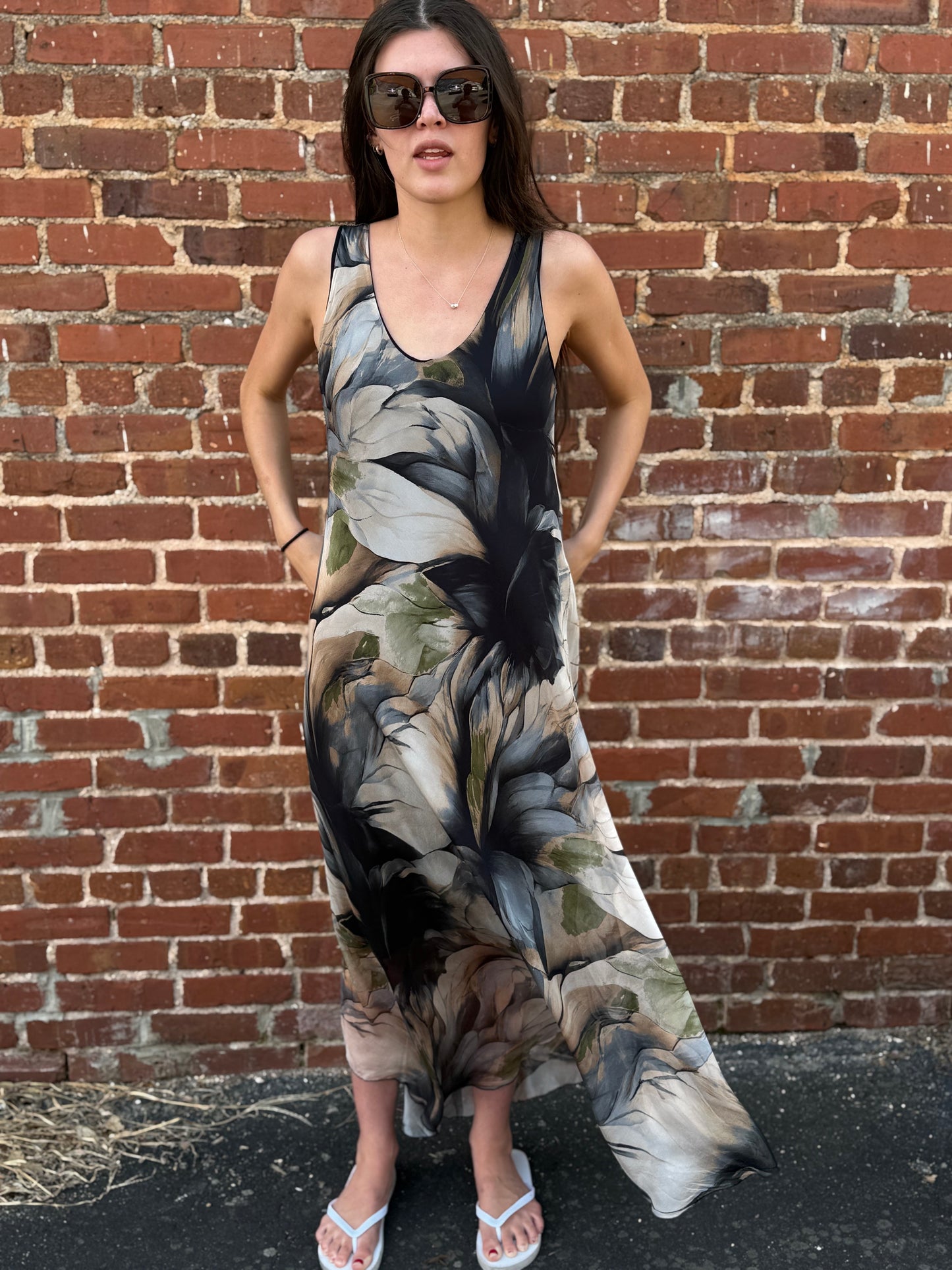 Italian Smoky Magnolia Silk Tank Dress with Liner - ONE SIZE