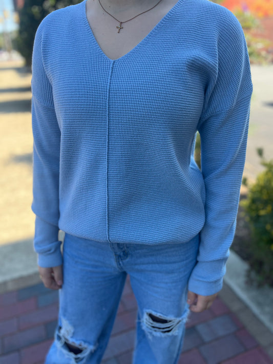 Staccato Light Blue Mini Waffle V-Neck Pullover Sweater