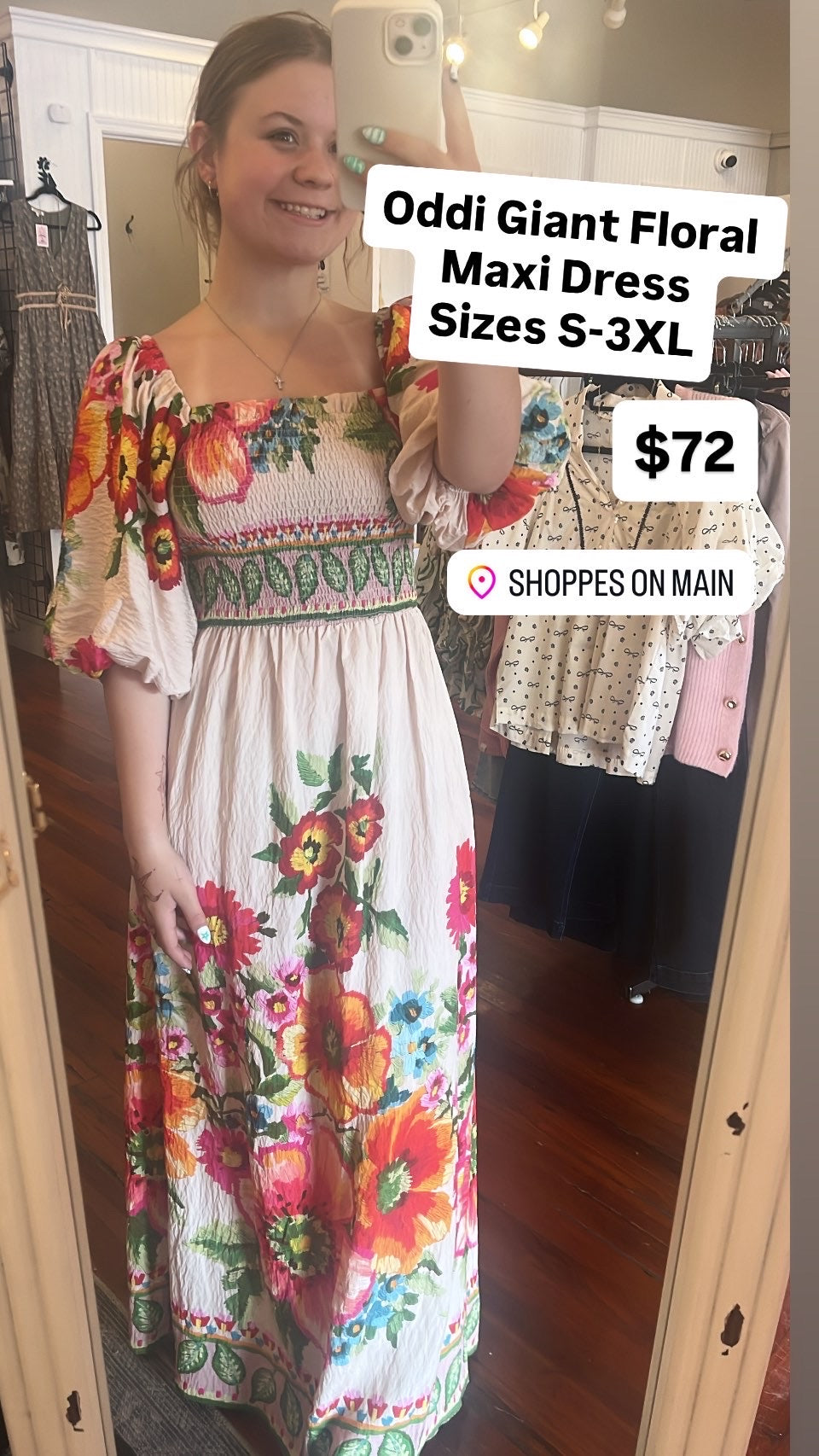 Giant Floral Border Maxi Dress with Smocked Top & Bubble Sleeves