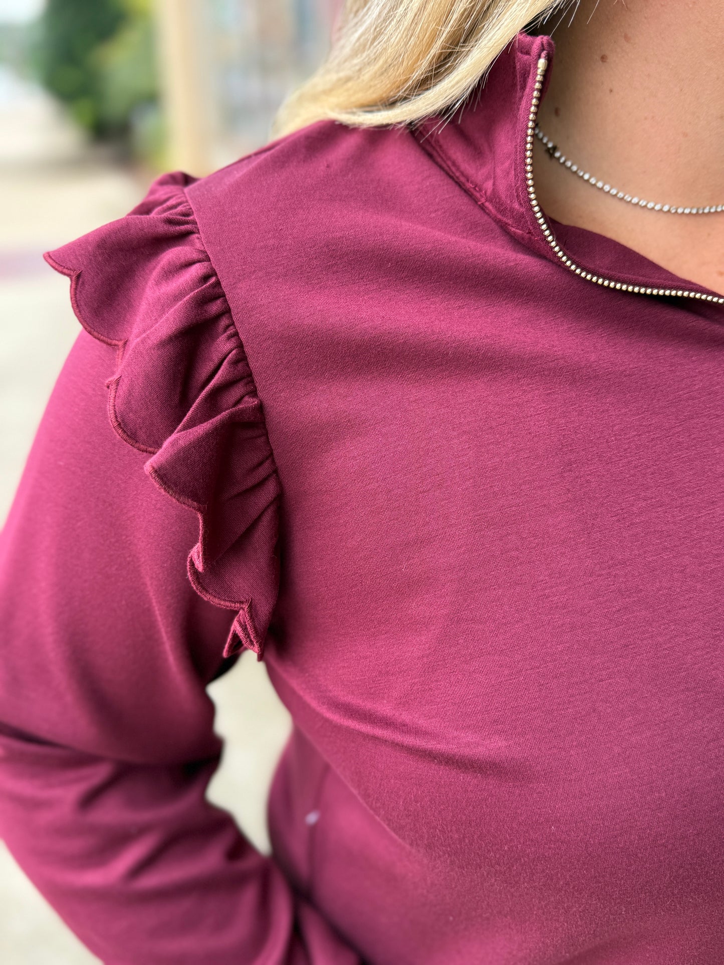 PLUS Umgee Luxeknit Ruffle Shoulder Quarter-Zip Pullover