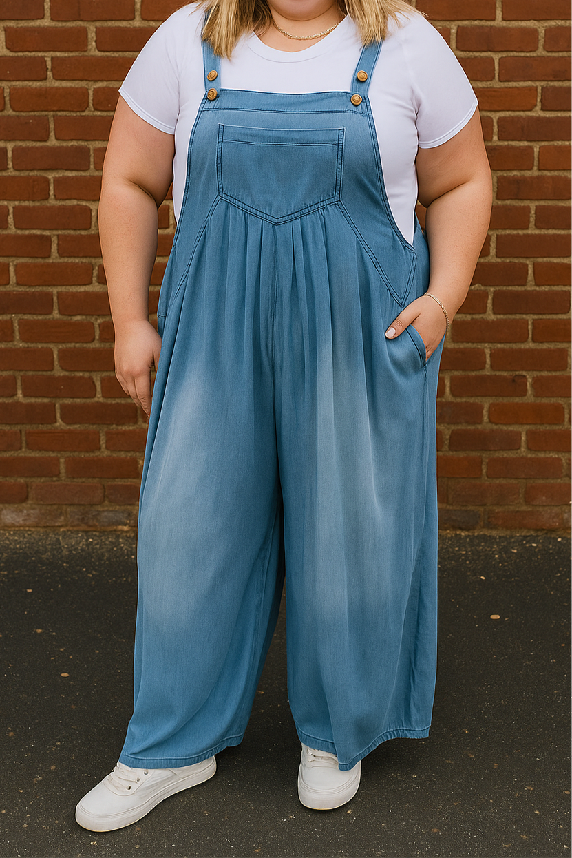 Plus Washed Chambray Overall Jumpsuit Oddi