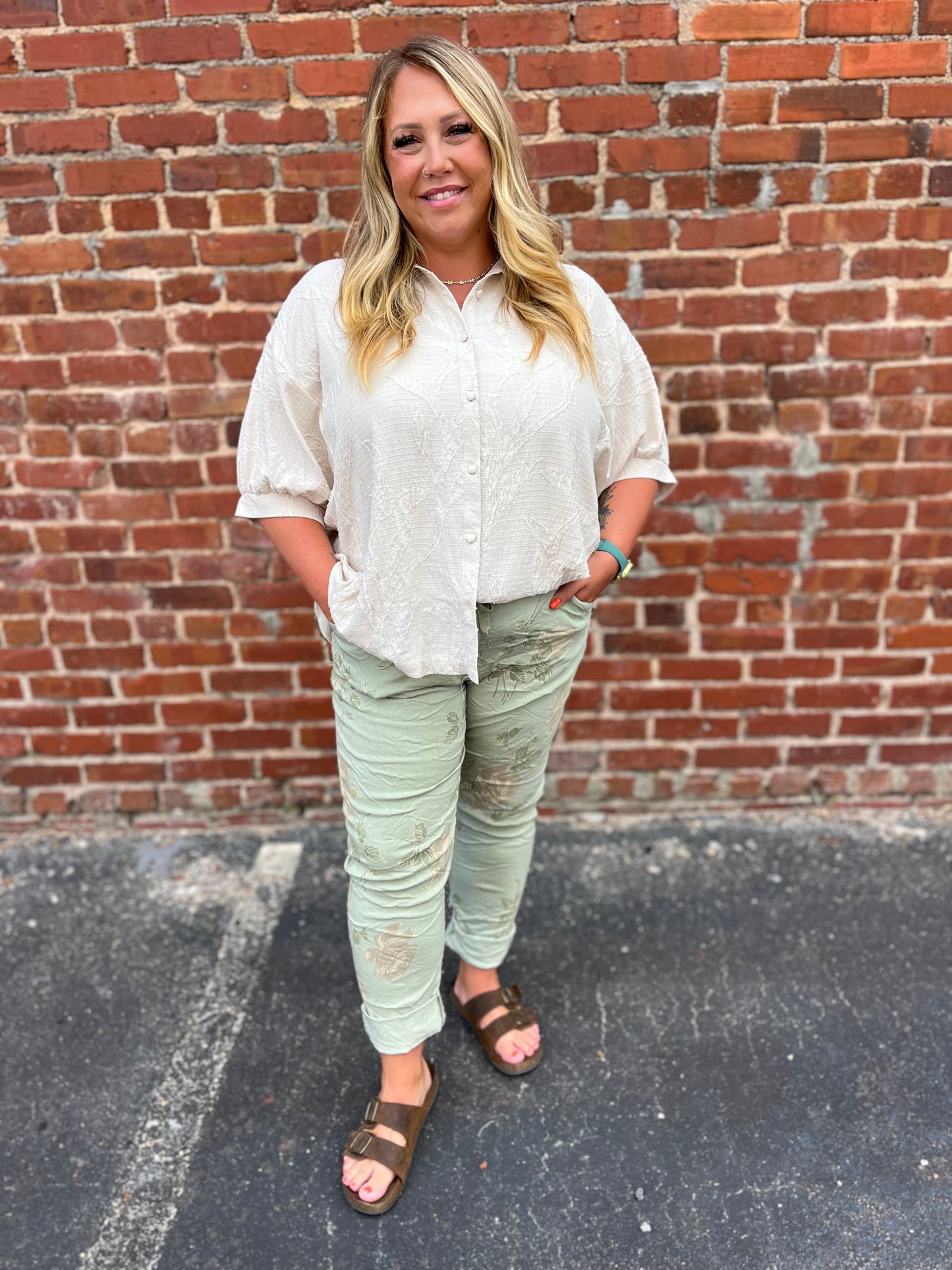 PLUS Umgee Jacquard Textured Leaf Button-Down Blouse