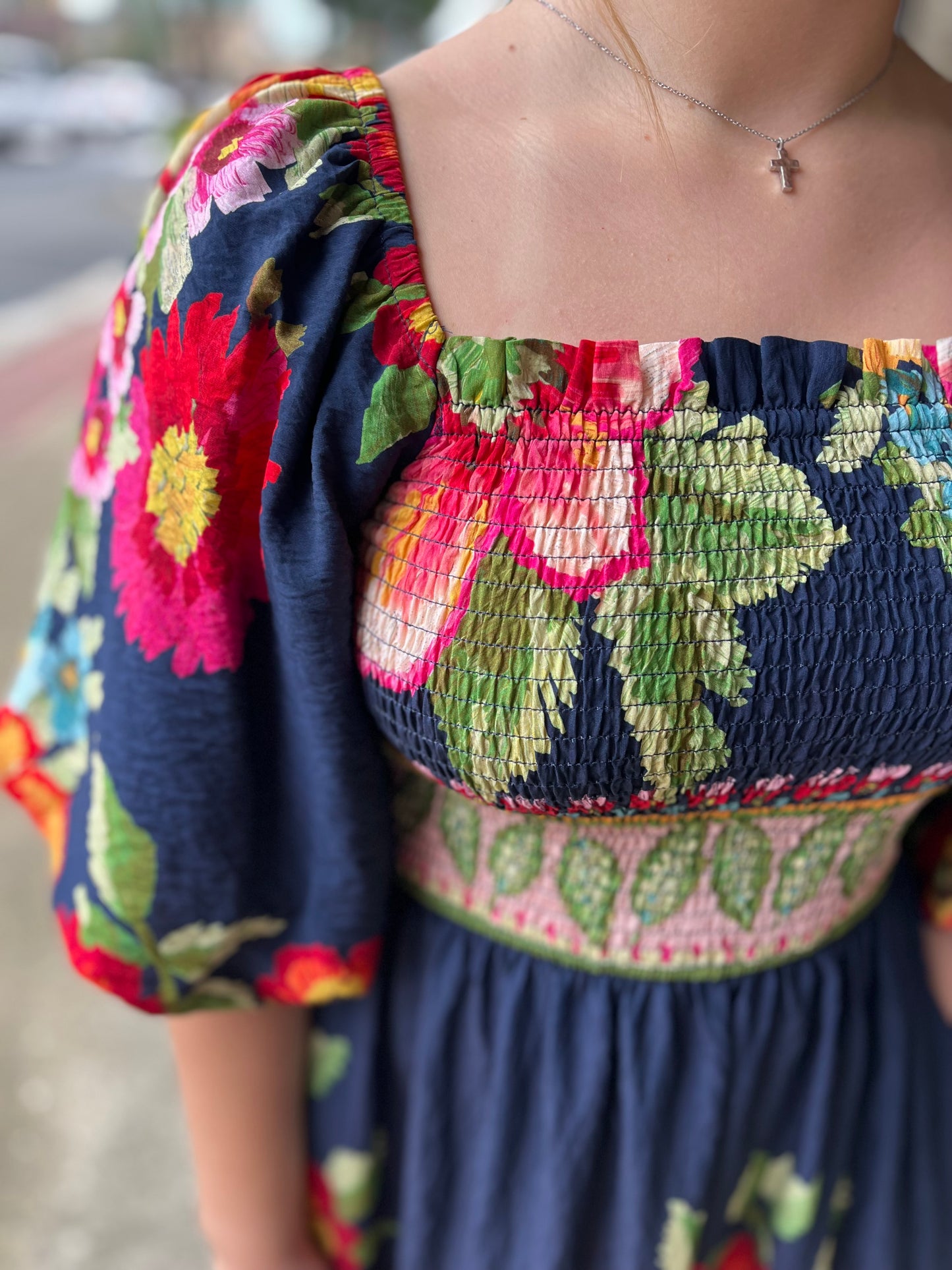 Giant Floral Border Maxi Dress with Smocked Top & Bubble Sleeves