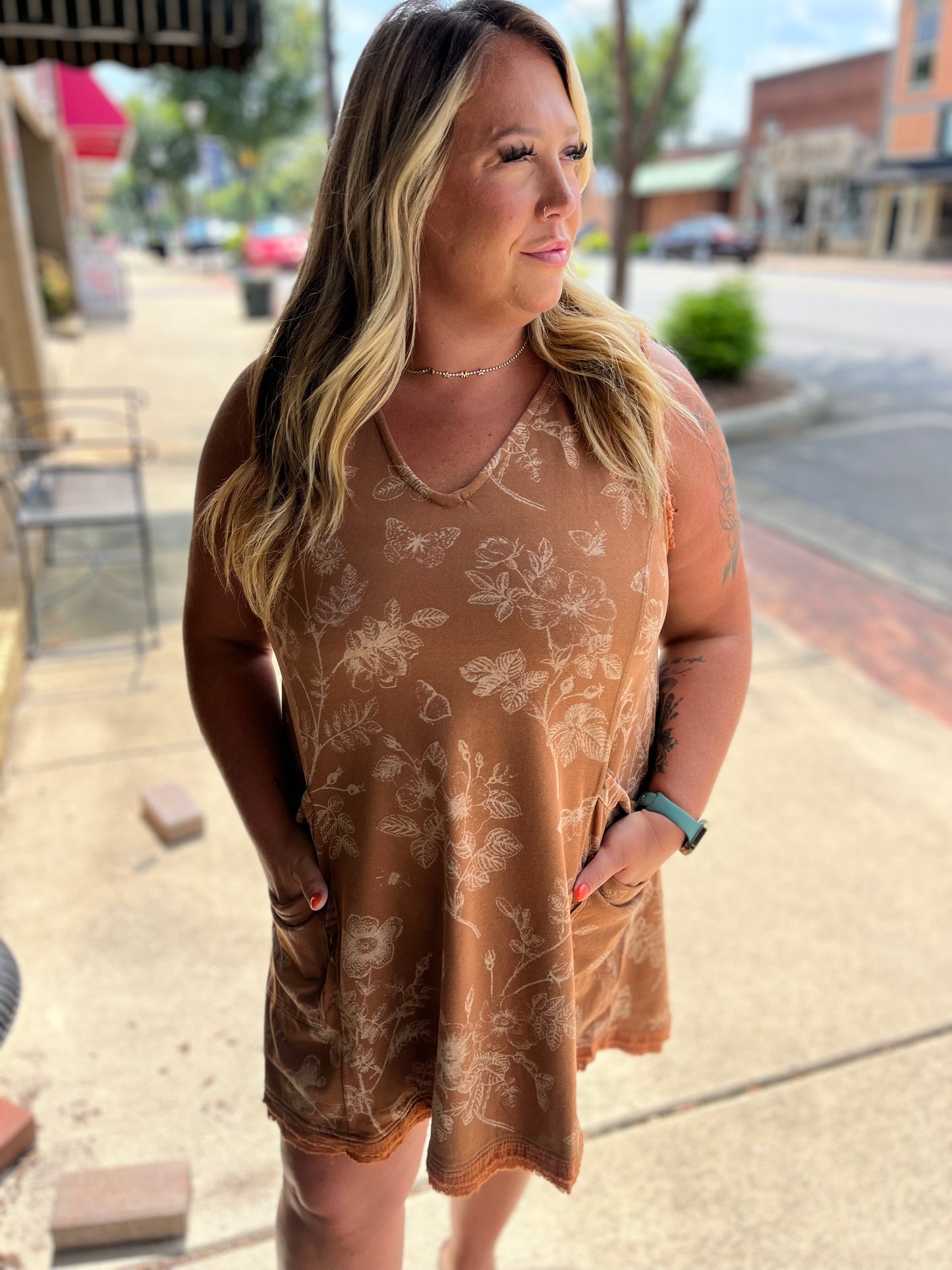 Umgee Mineral Washed Floral Terry Dress with Pocket Detail