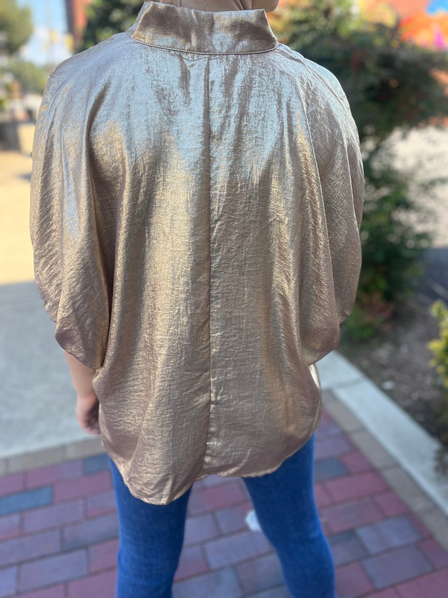 Metallic V-Neck Dolman Sleeve Top