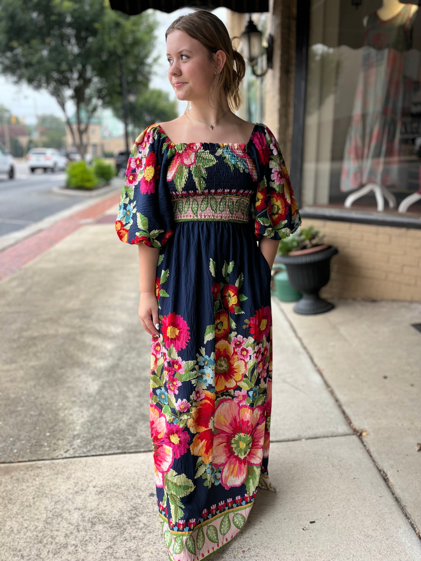 Giant Floral Border Maxi Dress with Smocked Top & Bubble Sleeves