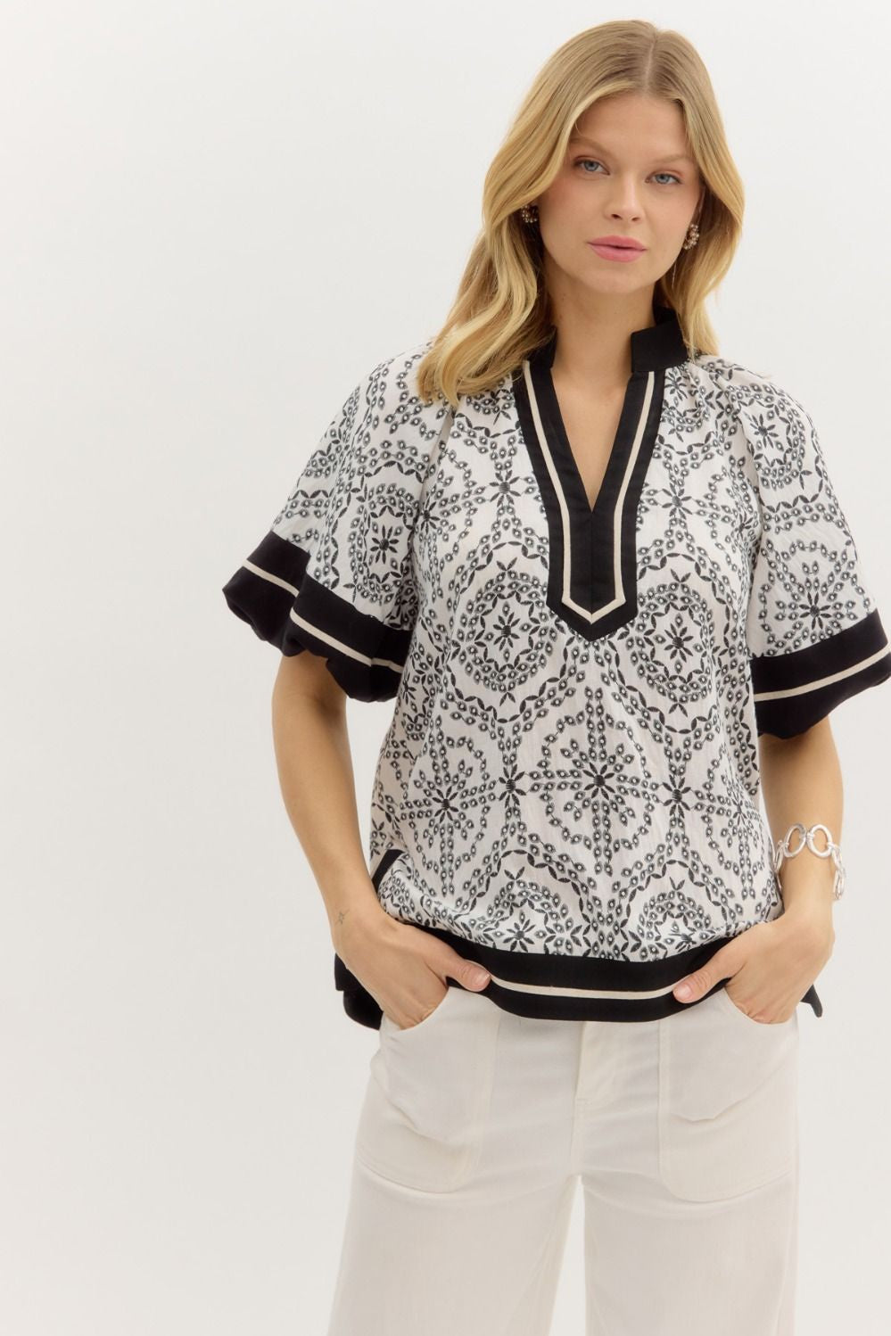 Morracan Print Short Bubble Sleeve Top Entro