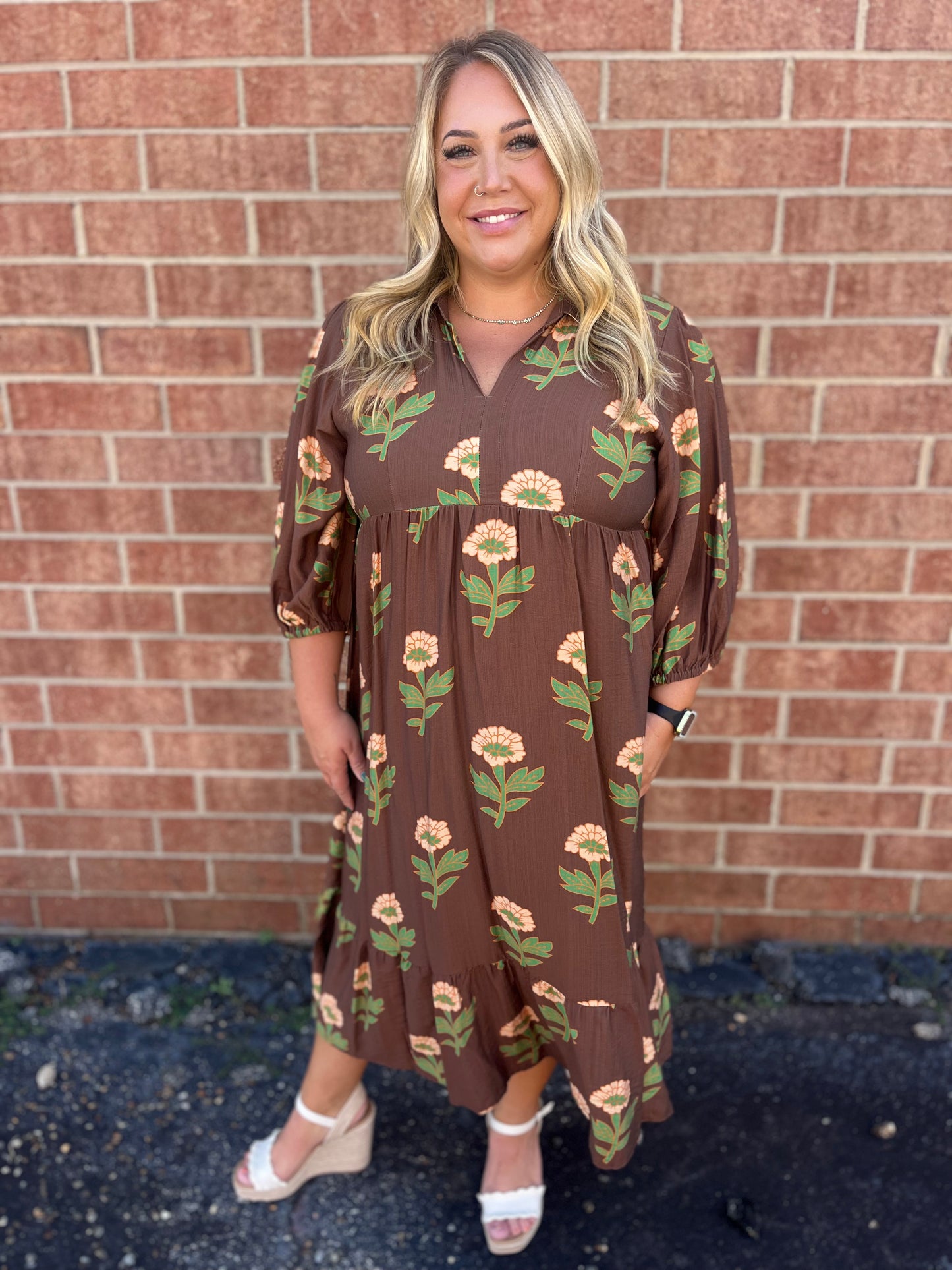 PLUS Umgee Floral Print Tiered Maxi Dress with Bubble Sleeves