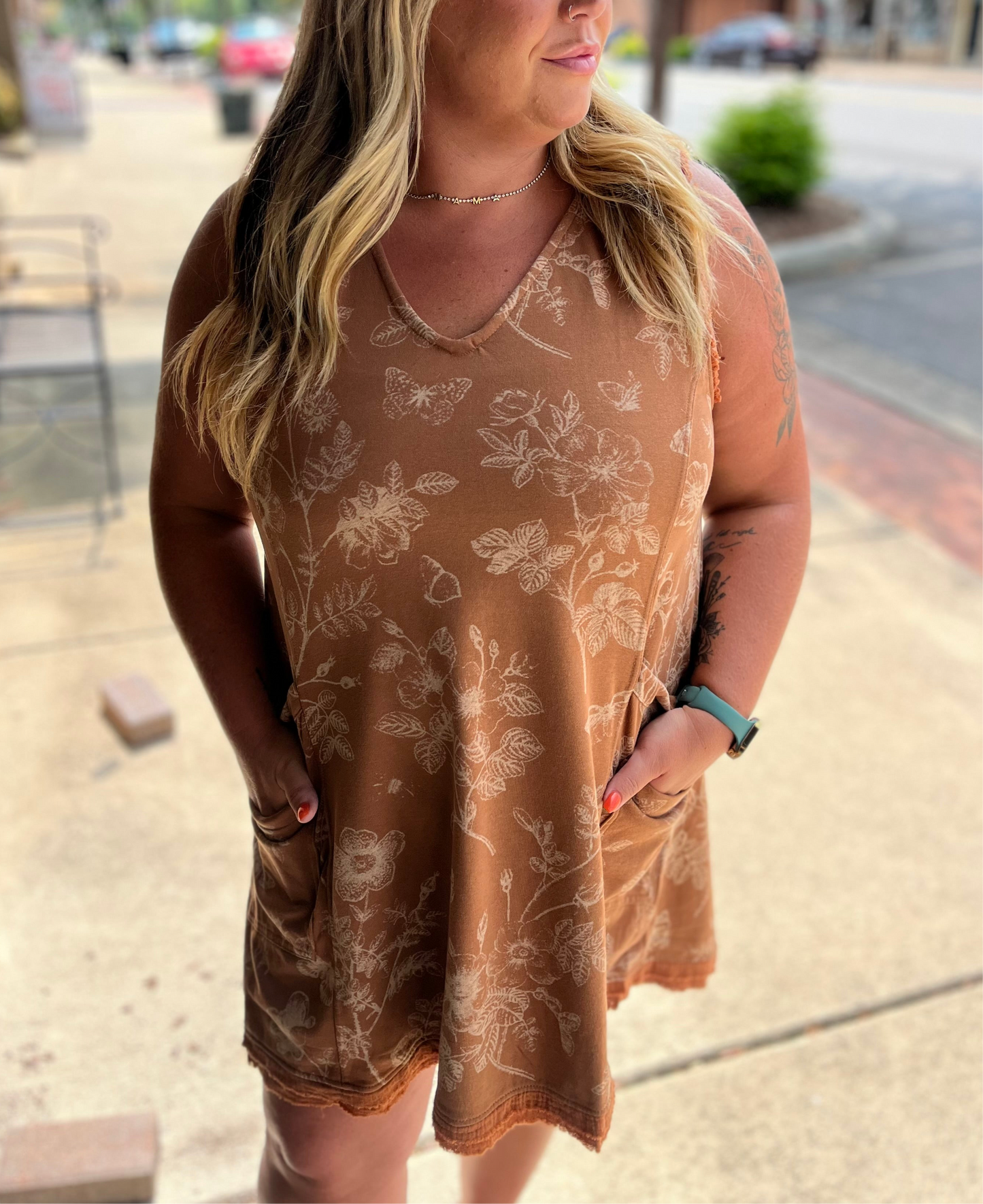 Umgee Mineral Washed Floral Terry Dress with Pocket Detail