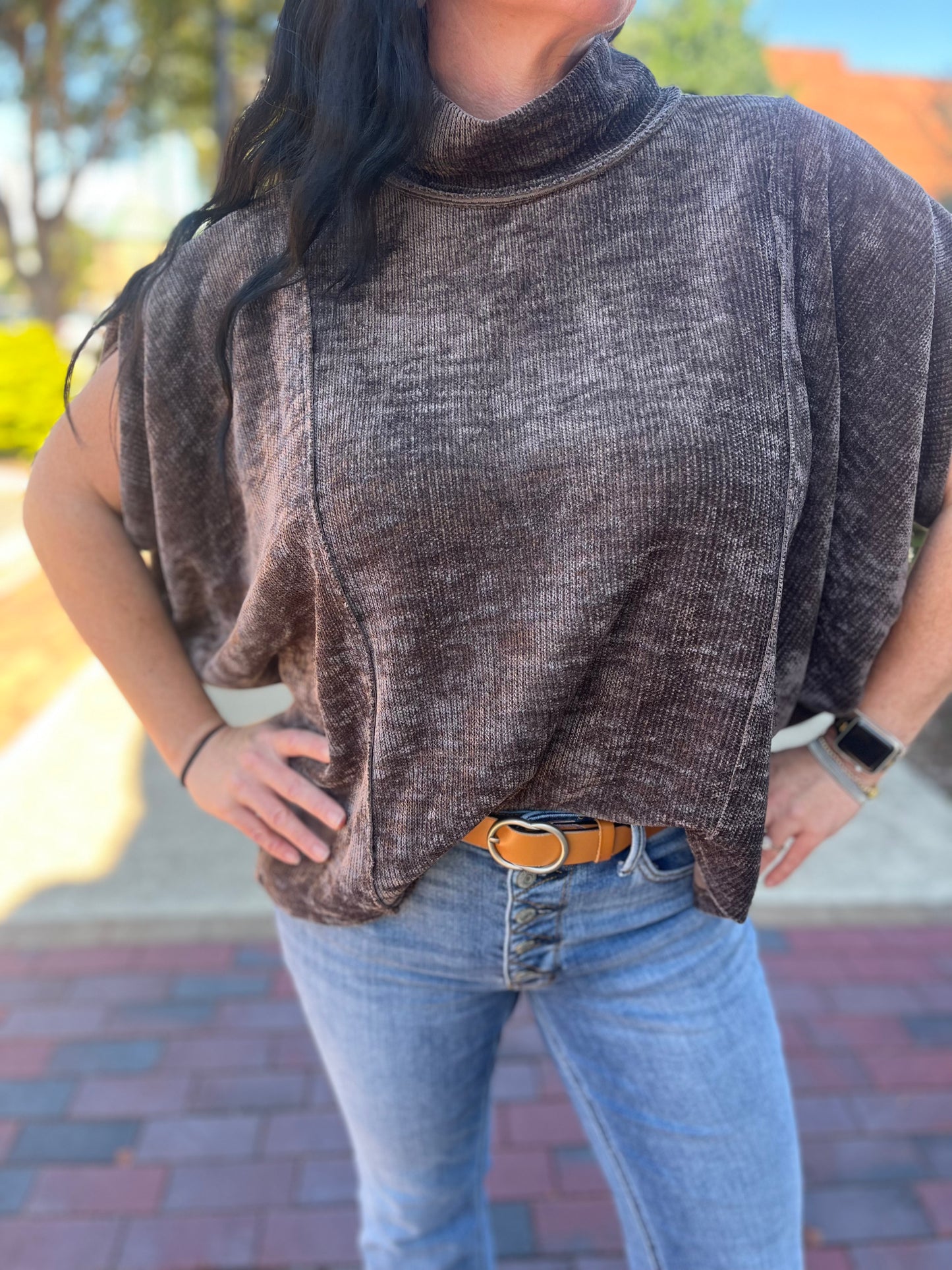 Umgee Soft Knit Mock Neck Pullover Poncho Top