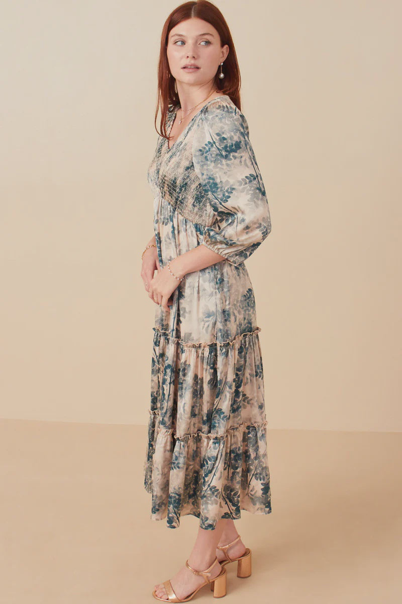 Botanical Panel Smocked V-Neck Satin Dress