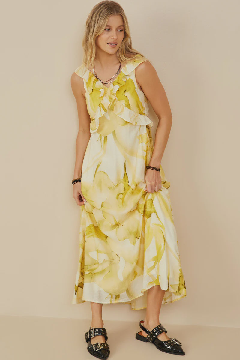 Watercolor Floral Ruffled Maxi Dress Hayden