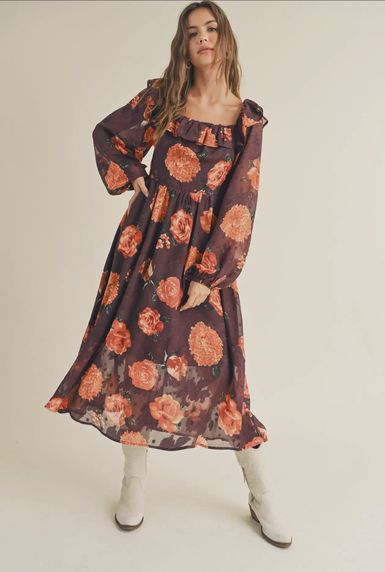 Floral Balloon Sleeve Midi Dress