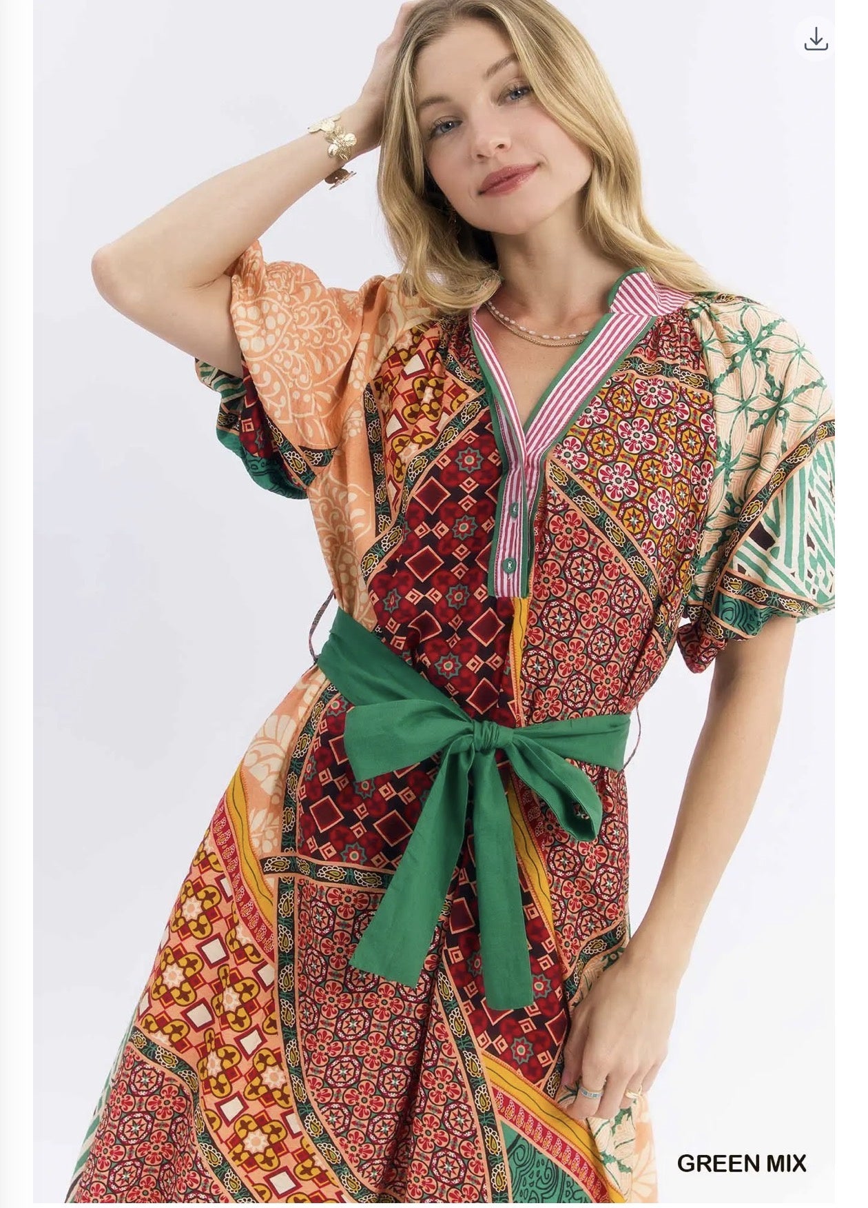 Umgee Patchwork Print Midi Dress with Tie Waist